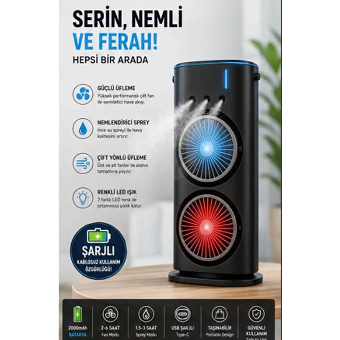 Çift Başlıklı Sprey Fan Nemlendirici Ve Renkli Led Işıklı Siyah