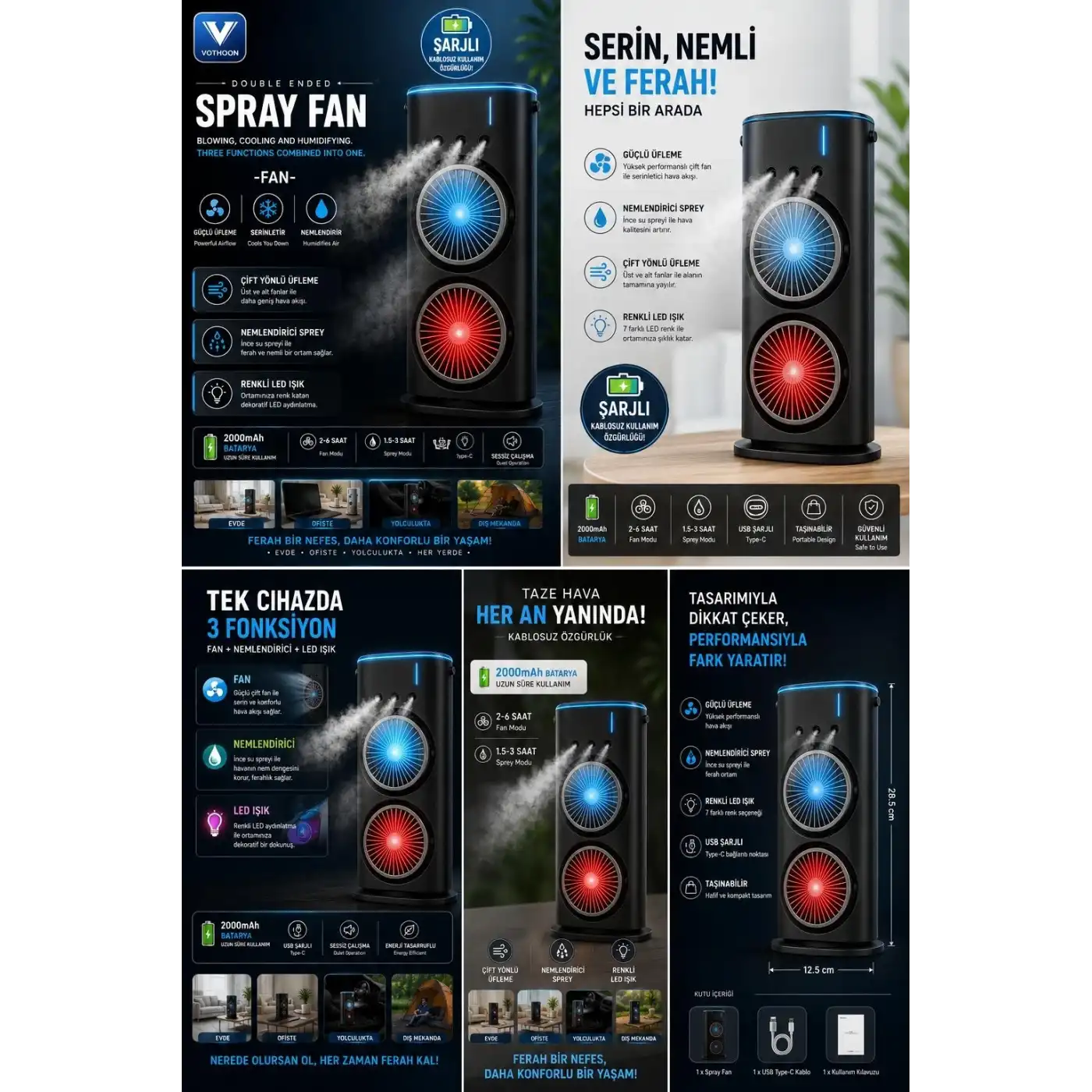 Çift Başlıklı Sprey Fan Nemlendirici Ve Renkli Led Işıklı Siyah