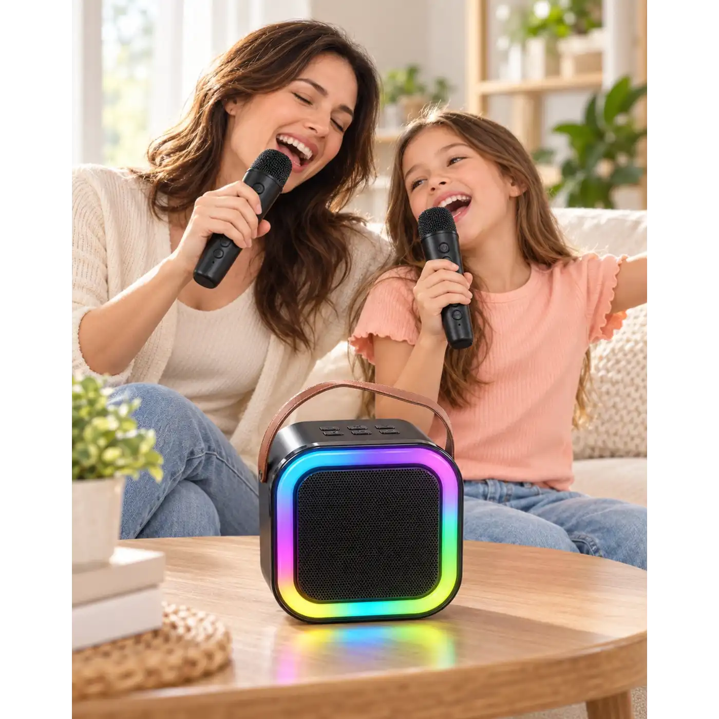 Çift Kablosuz Mikrofonlu LED Işıklı Bluetooth Karaoke Hoparlör Seti