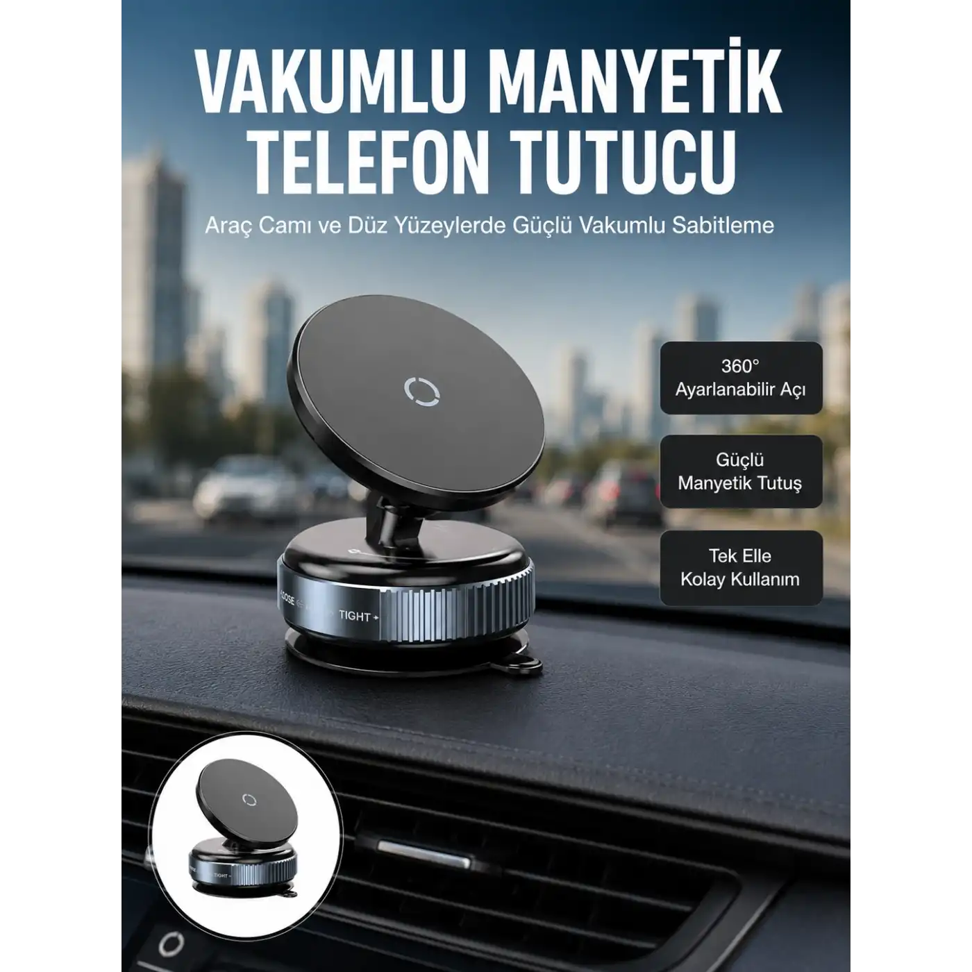 Çok Yönlü Döner Başlıklı Vakumlu Araç Telefon Standı – Sert Yollarda Stabil Kullanım Yeni Nesil