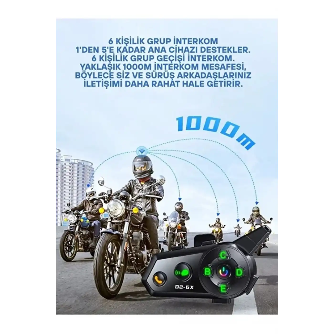 D2-6x 1000m Mesafeli 6 Kanallı İntercom Bluetooth Motosiklet Kask Kulaklığı İntercom Kulaklık
