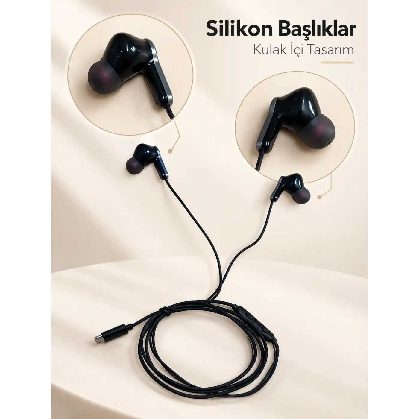 Dahili Mikrofonlu Type C Kablolu Kulaklık Siyah Gövde