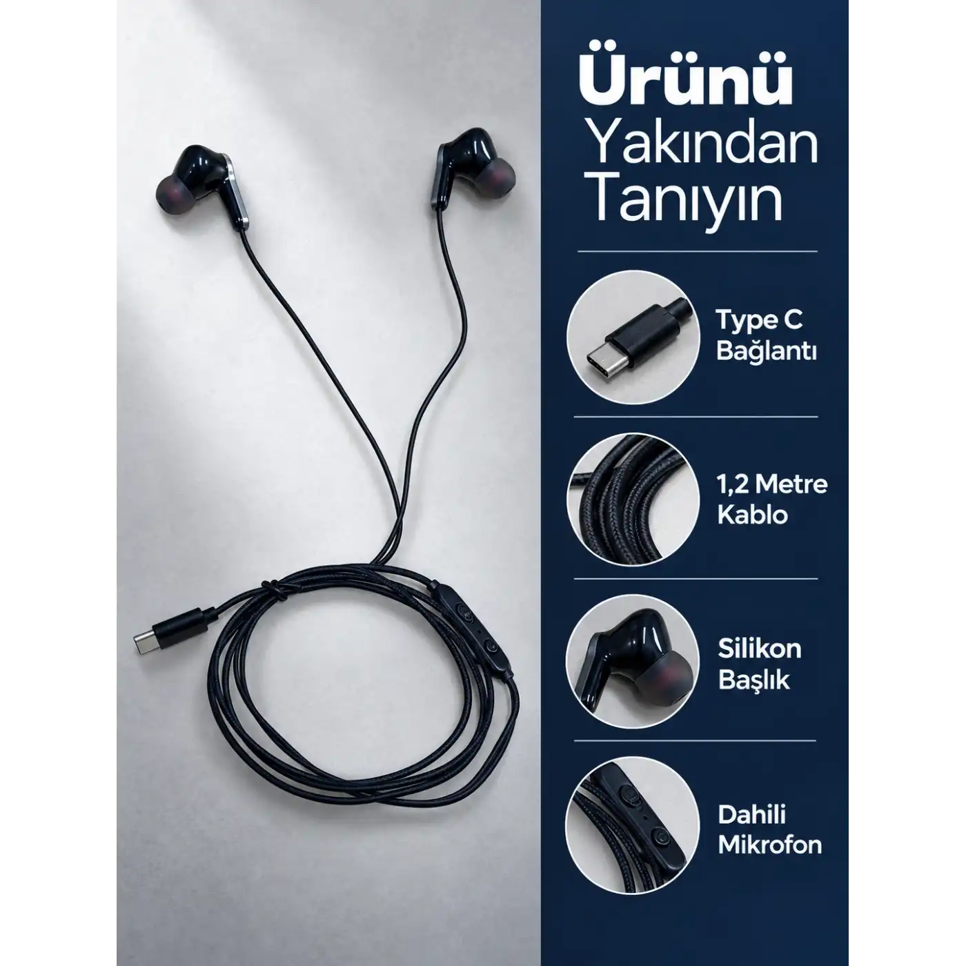 Dahili Mikrofonlu Type C Kablolu Kulaklık Siyah Gövde