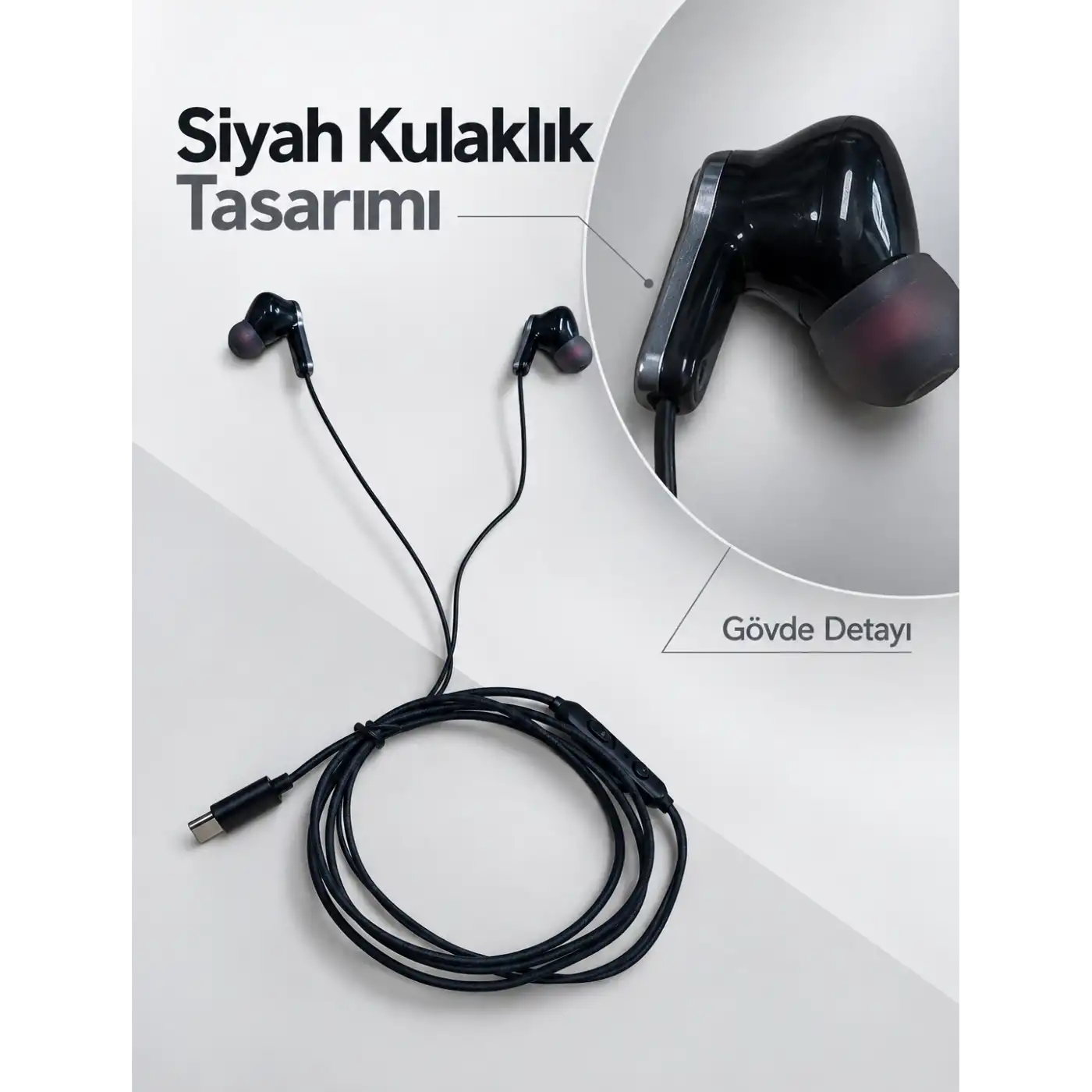 Dahili Mikrofonlu Type C Kablolu Kulaklık Siyah Gövde