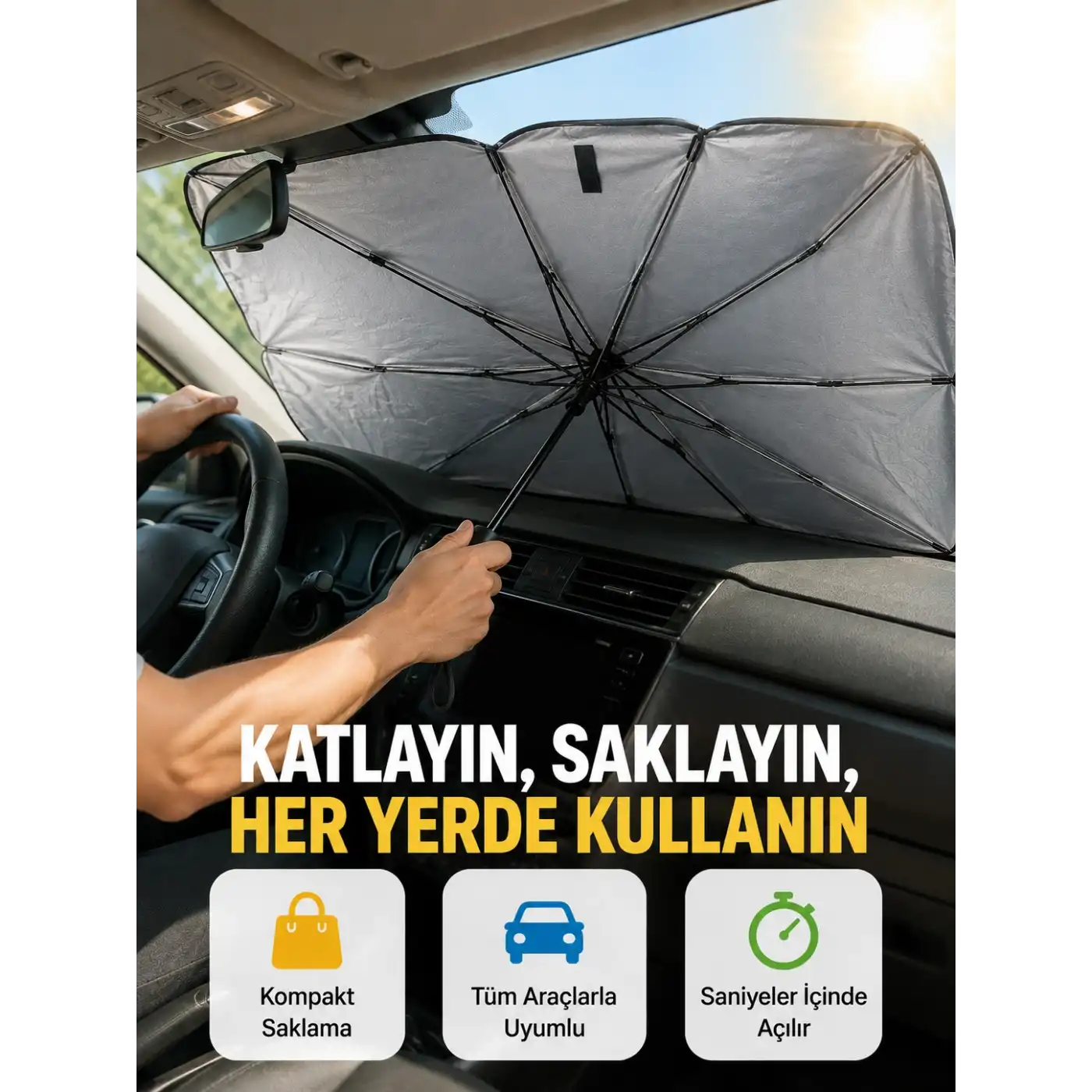 Dayanıklı UPE Alaşımlı Şemsiye Tipi Araç Güneşliği - Kolay Katlanır Yeni Nesil