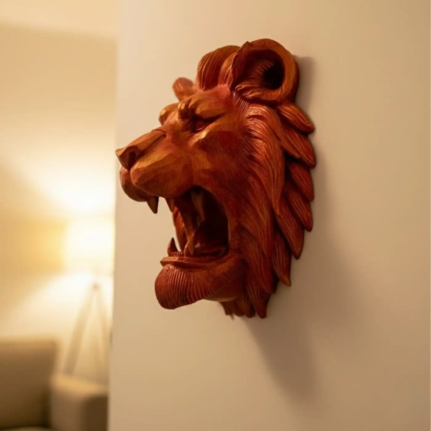 Dekoratif Asılabilir Aslan Başı 3D Duvar Heykeli Gold Red 20x21 cm