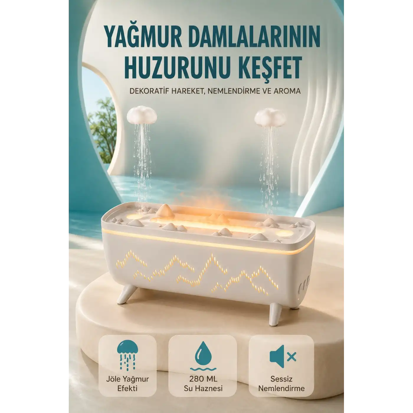 Dekoratif Hava Nemlendirici ve Aromaterapi Difüzörü 280 ML Yağmur Efektli Renkli LED Işıklı