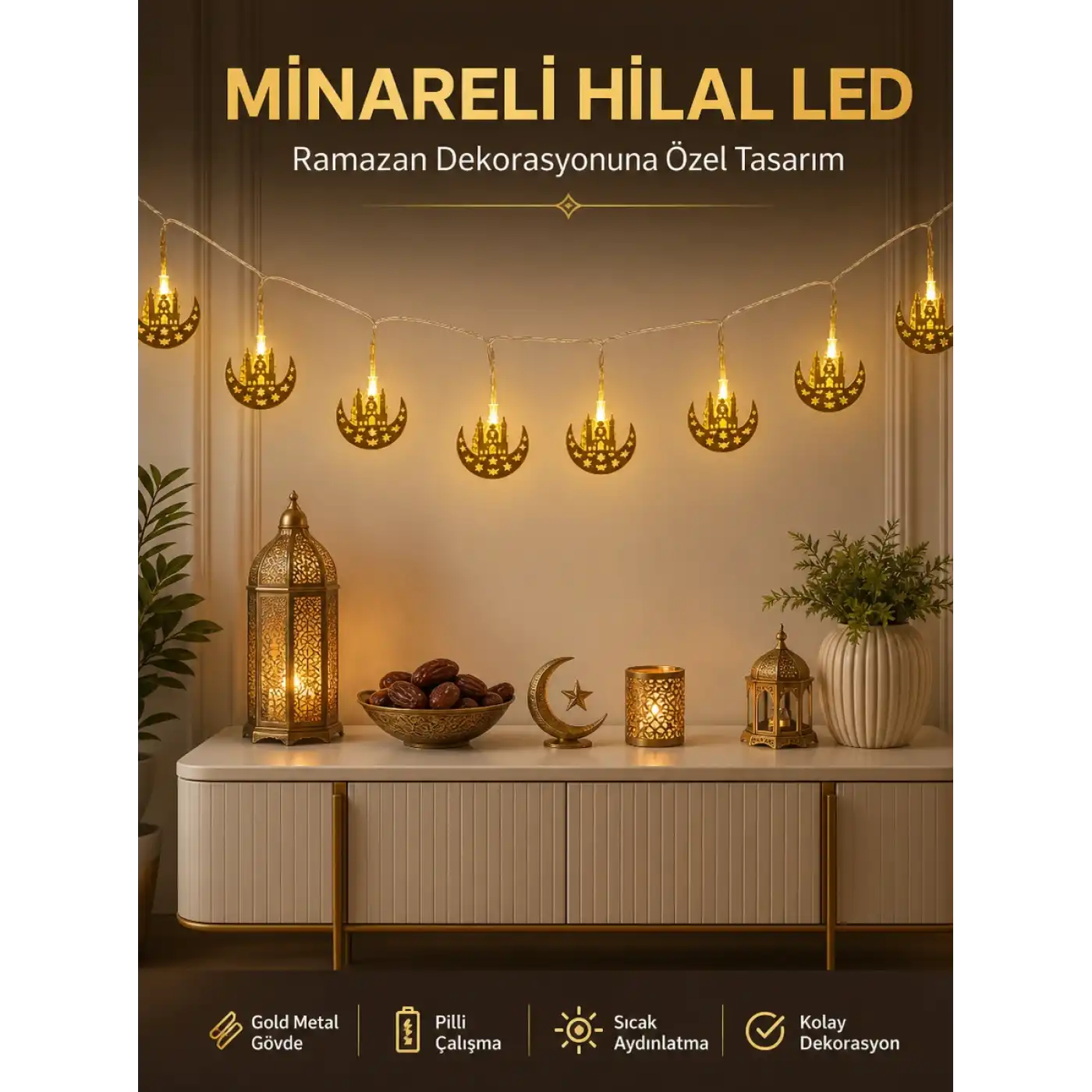 Dekoratif Minareli Hilal LED Işık Metal Gövdeli Ramazan Aydınlatma
