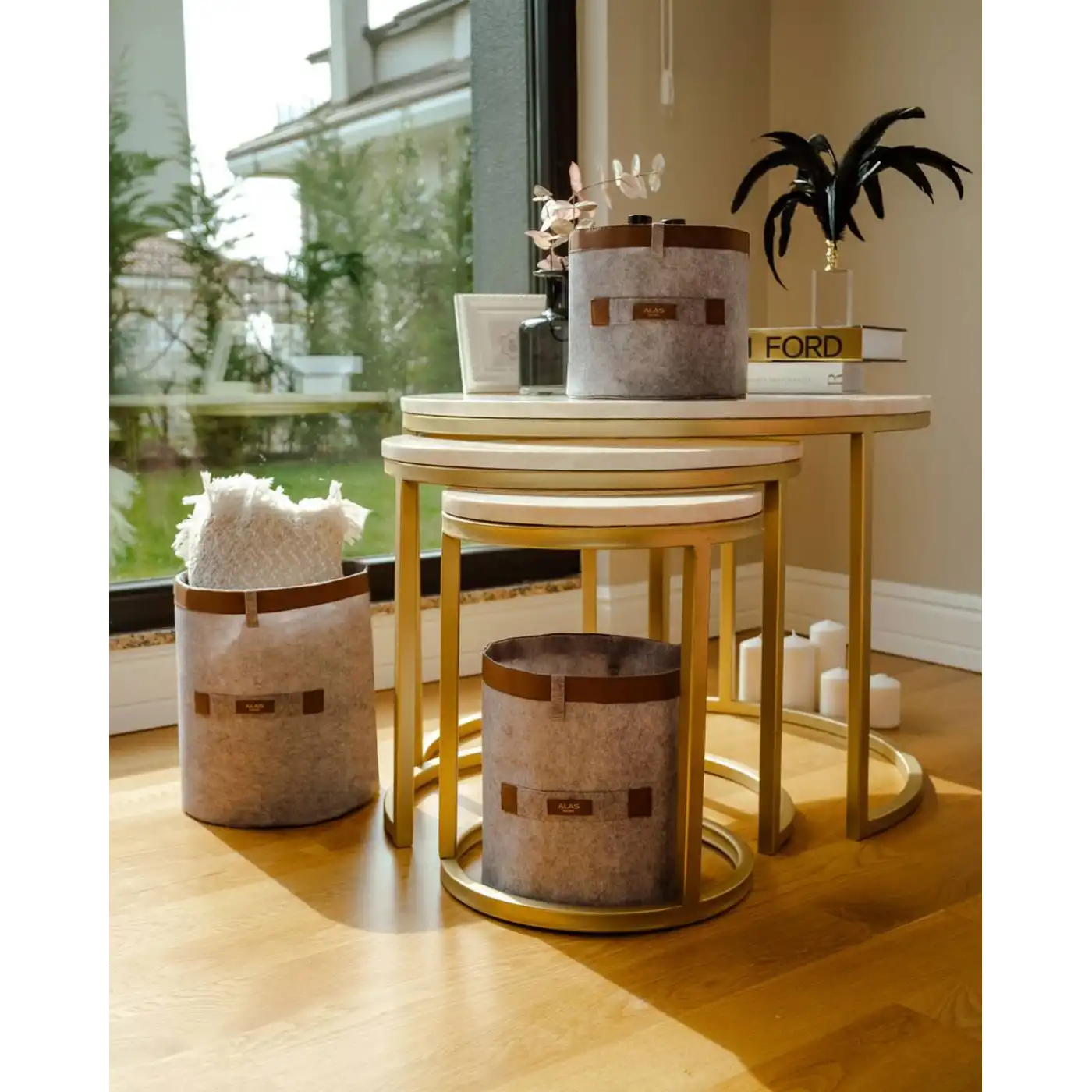 Deri Şeritli Yuvarlak Çok Amaçlı Düzenleyici Organizer Kutu Keçe Sepet (maxi) 03815