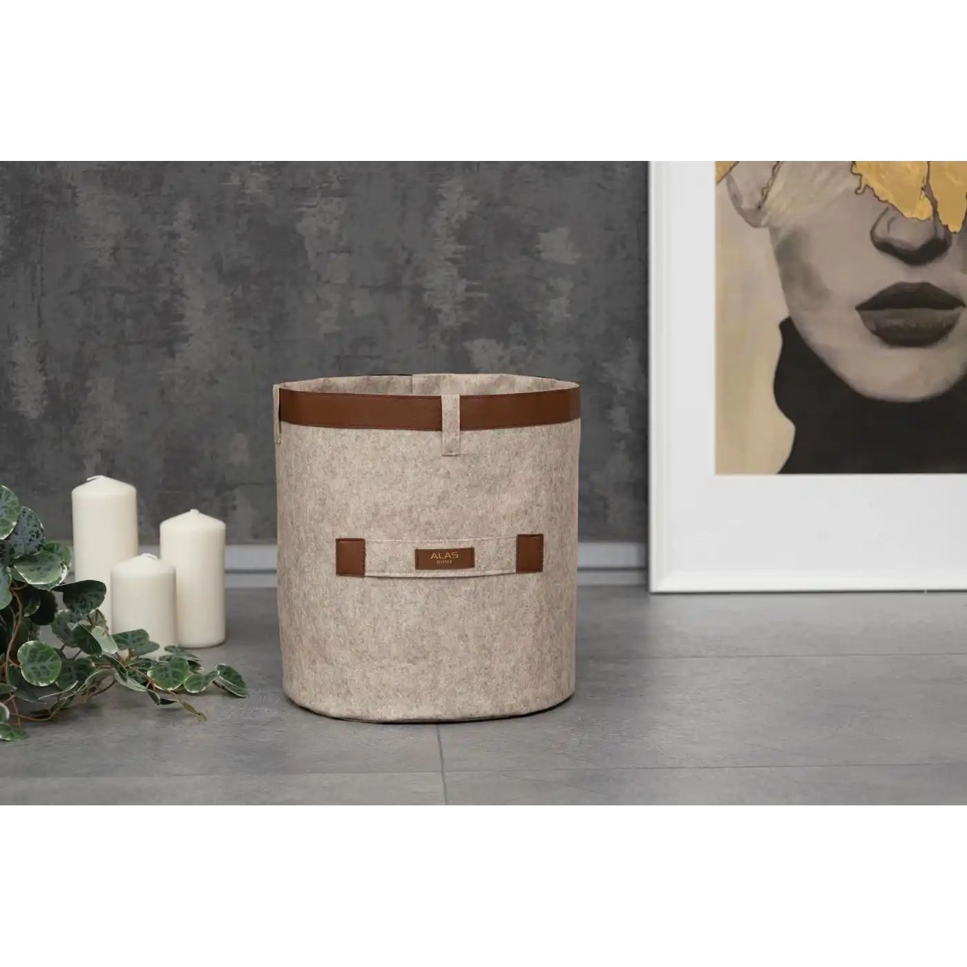 Deri Şeritli Yuvarlak Çok Amaçlı Düzenleyici Organizer Kutu Keçe Sepet (maxi) 03815