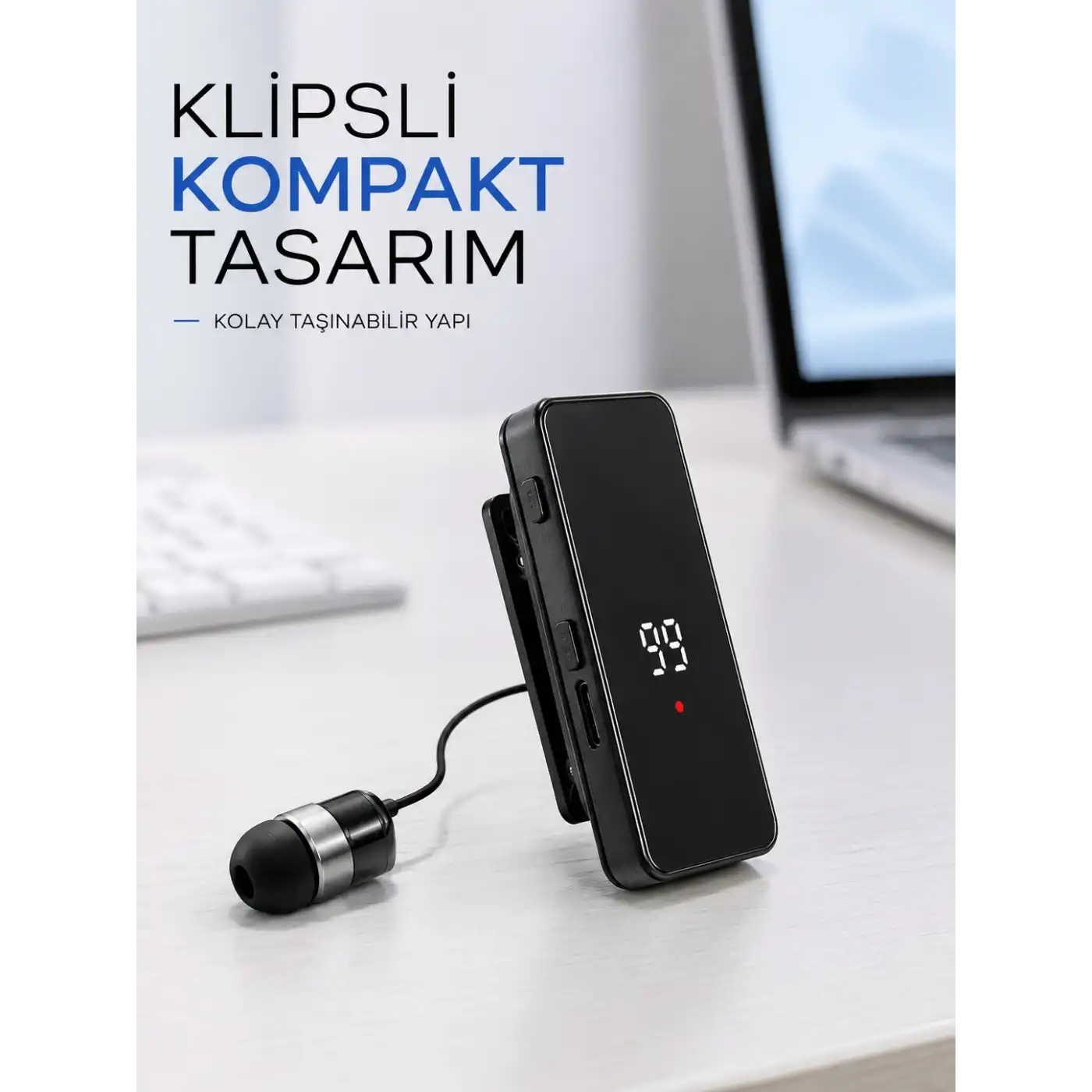 Dijital Ekranlı Bluetooth Kulaklık Tek Kulaklıklı Klipsli Kompakt Tasarım