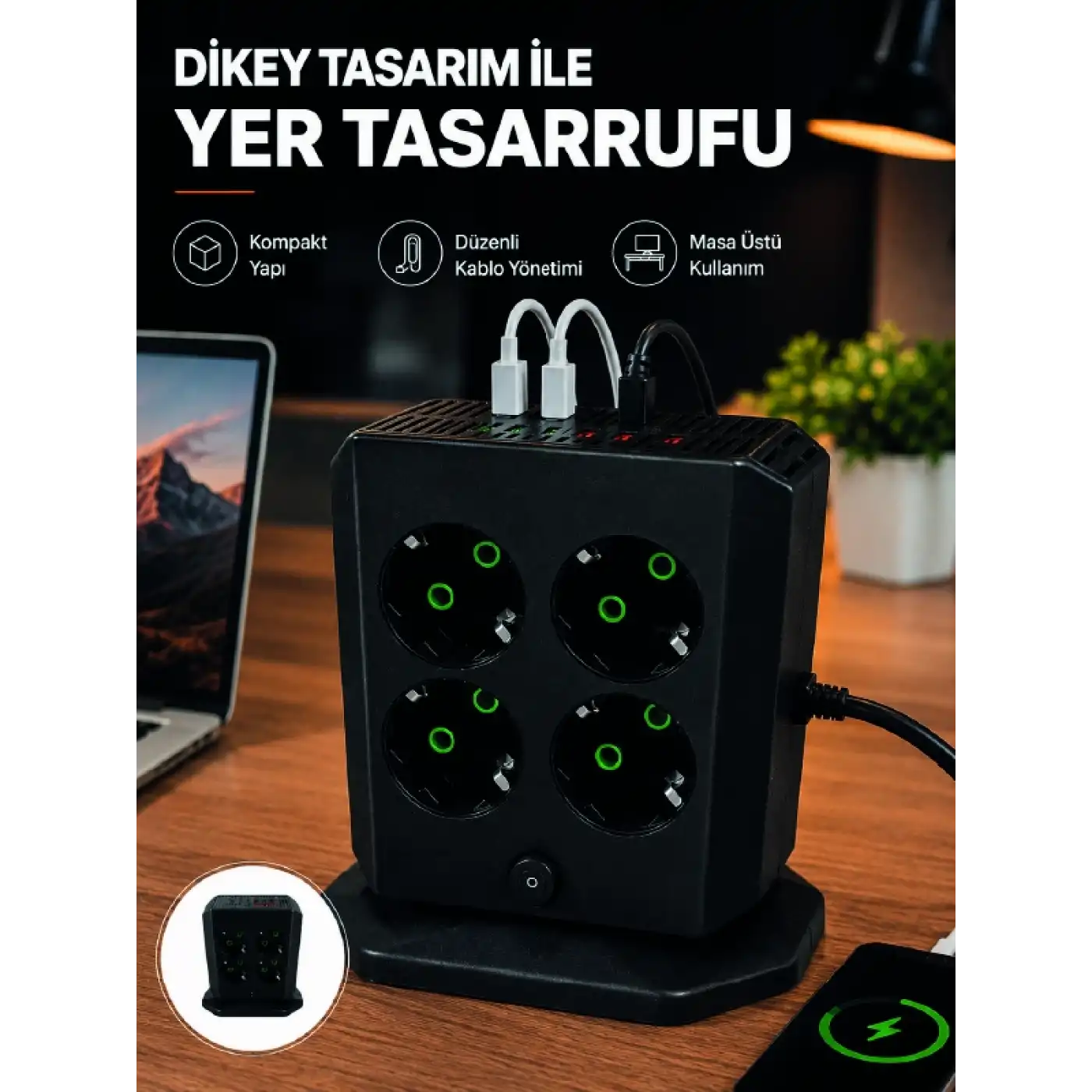 Dikey Priz Kulesi 8 AC Priz 4 USB 2 Type-C Çocuk Korumalı Güç Dağıtıcı