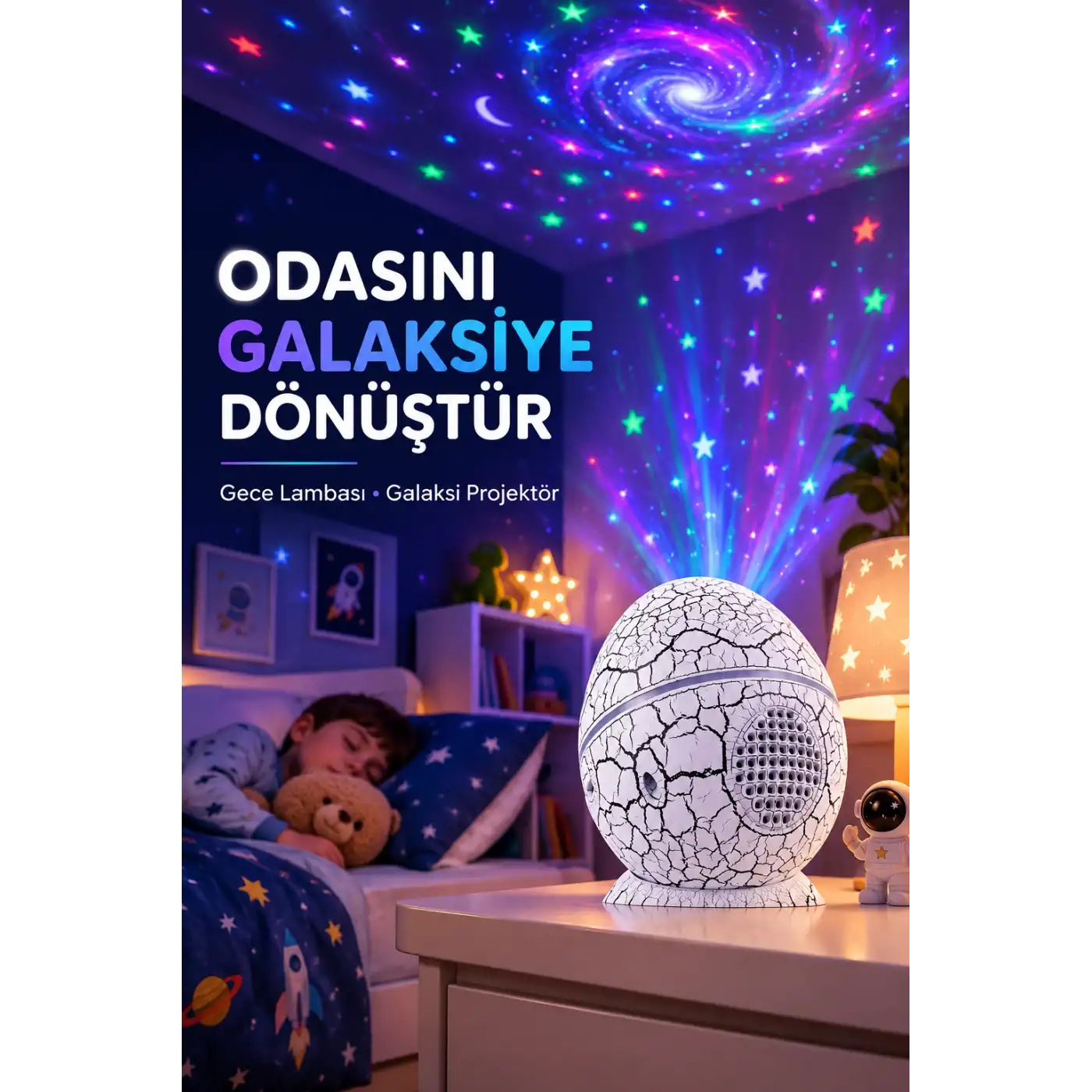 Dinozor Yumurtası Galaksi Projektör Gece Lambası 4ü 1 Arada – Bluetooth Hoparlörlü