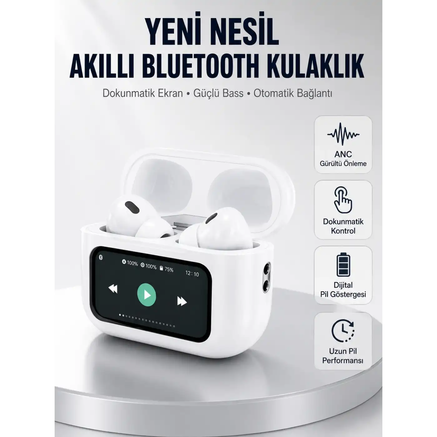 Dokunmatik Ekranlı Bluetooth Kulaklık ANC Gürültü Önleme Suya Dayanıklı Yeni Nesil