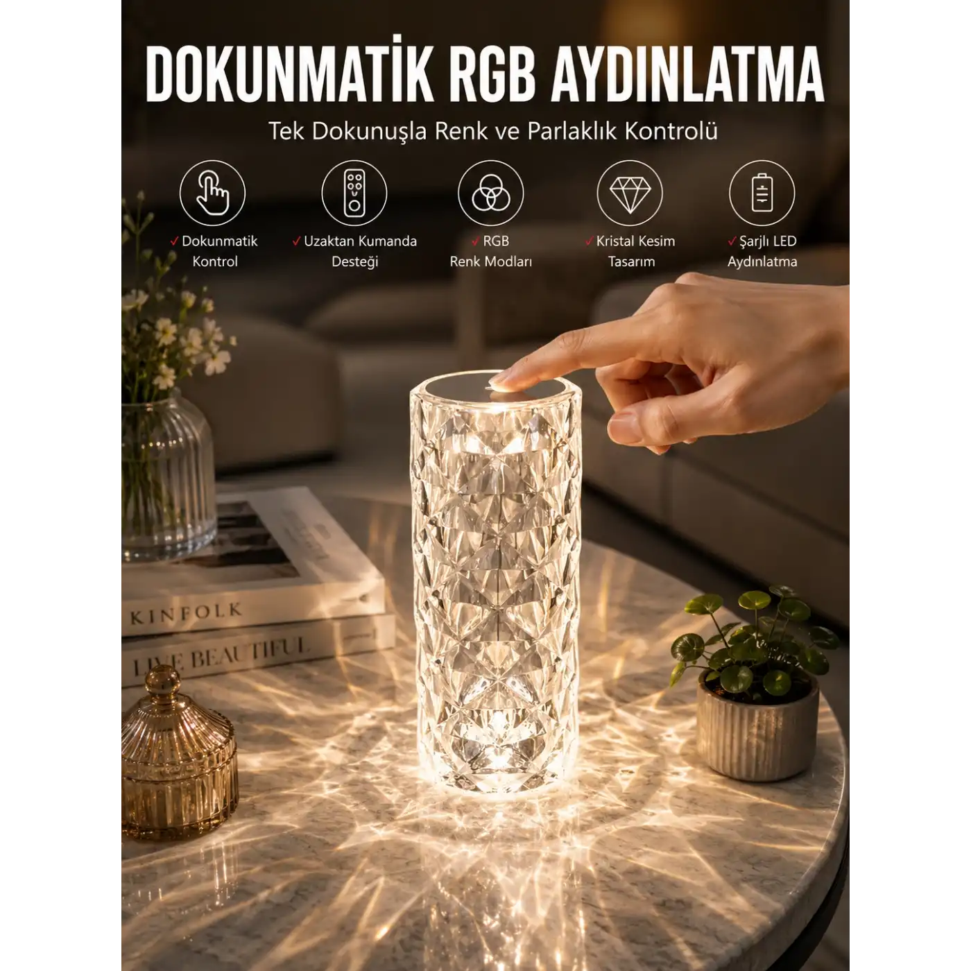 Dokunmatik Kristal Gece Lambası Hediyelik