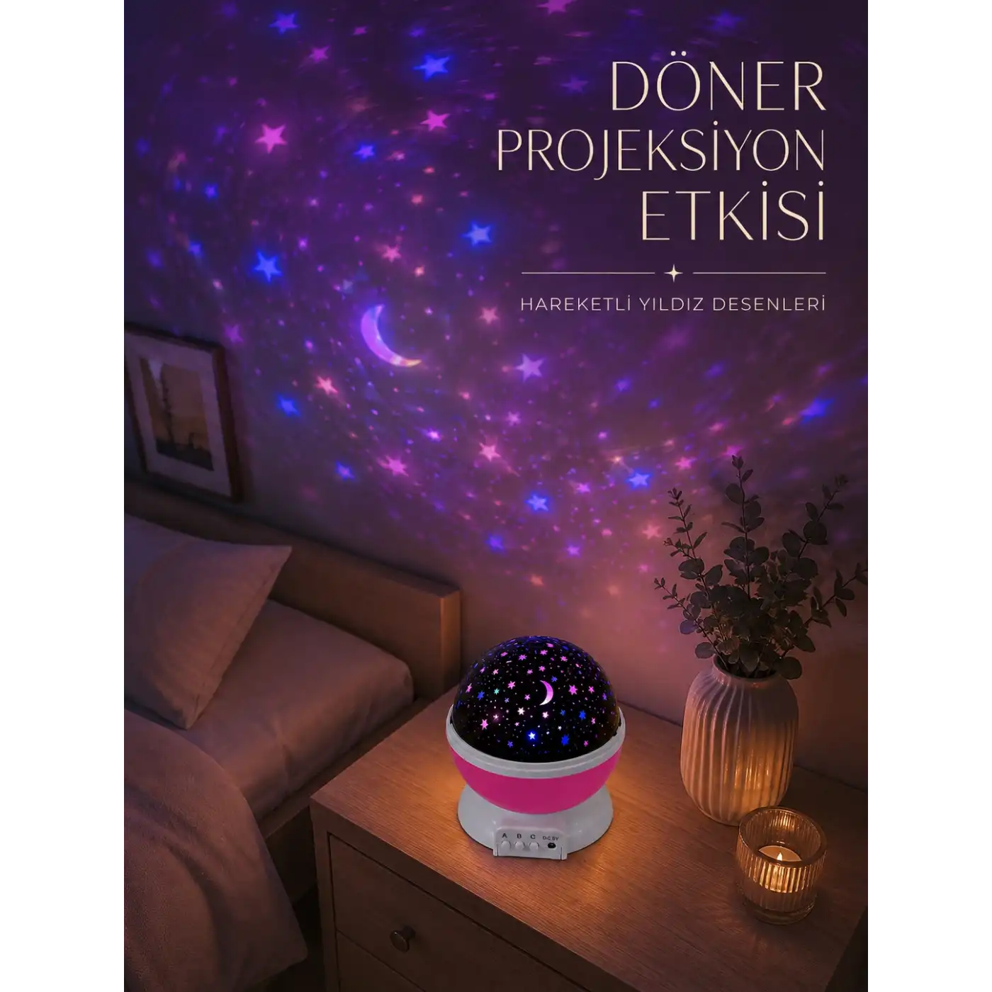Döner Projeksiyon Lambası Renkli Yıldız ve Gökyüzü Efektli