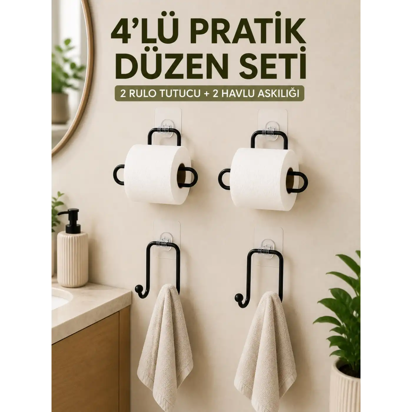 Duvara Yapışkanlı Rulo Kağıtlık ve Havlu Askılığı 2’şer Adet 4’lü Set