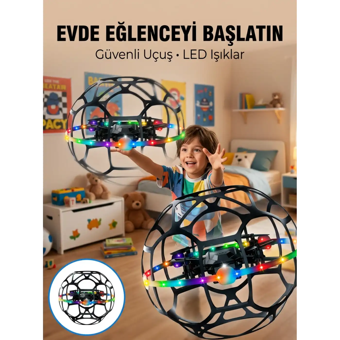 El Hareketi Kontrollü Futbol Topu Tasarımlı Drone LED Işıklı