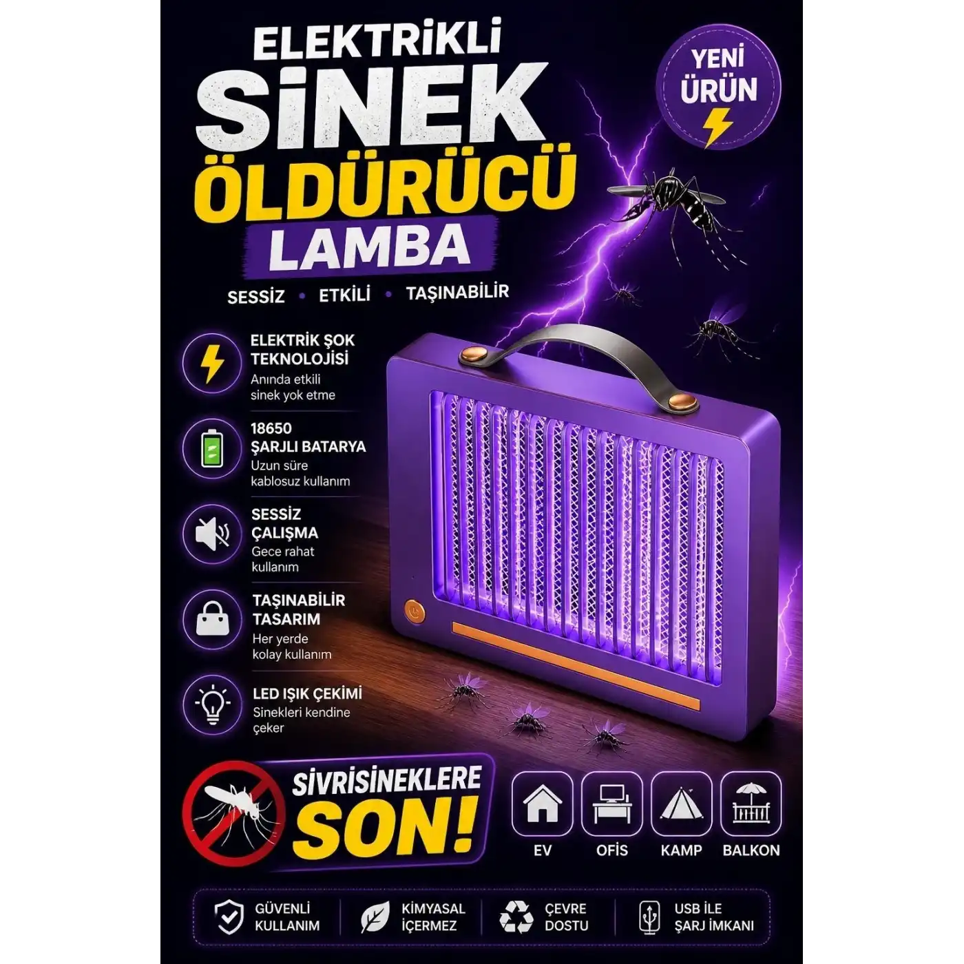 Elektrikli Sinek Öldürücü Lamba | Şarjlı, Sessiz, Led Işıklı Etkili Koruma