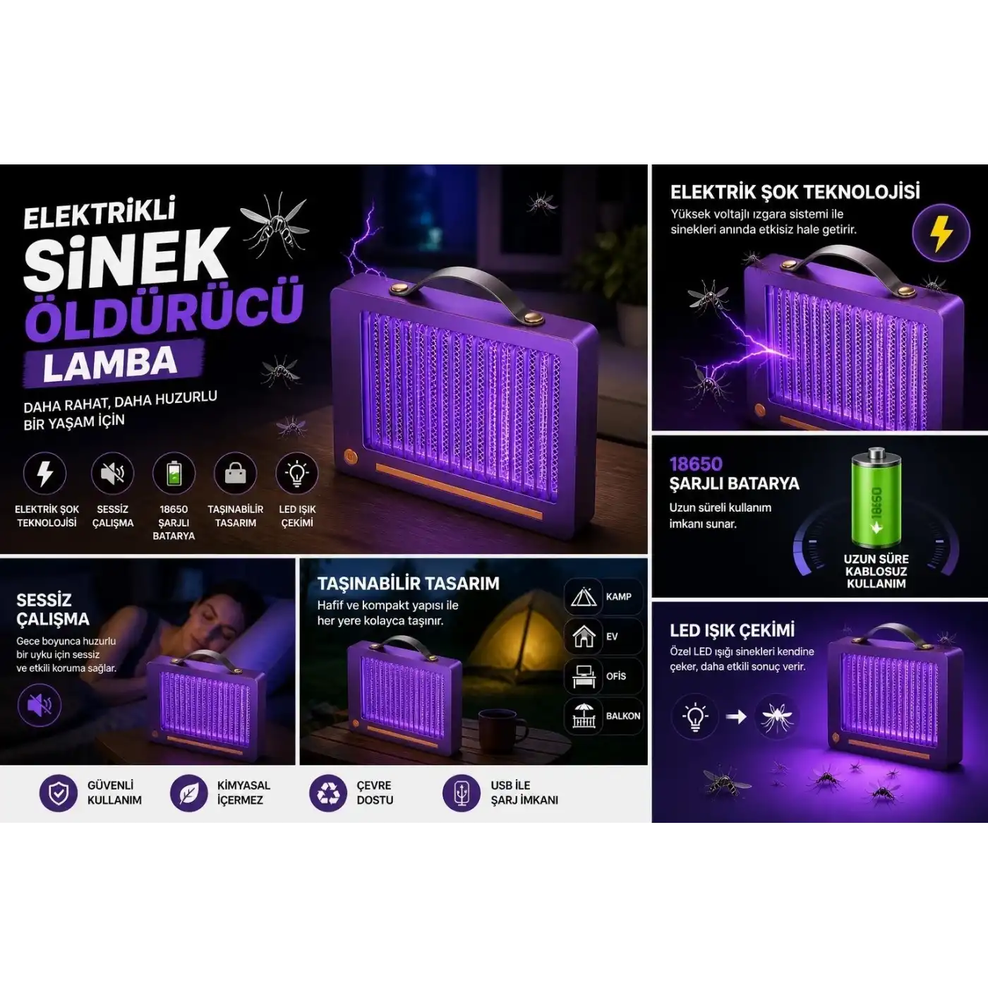 Elektrikli Sinek Öldürücü Lamba | Şarjlı, Sessiz, Led Işıklı Etkili Koruma