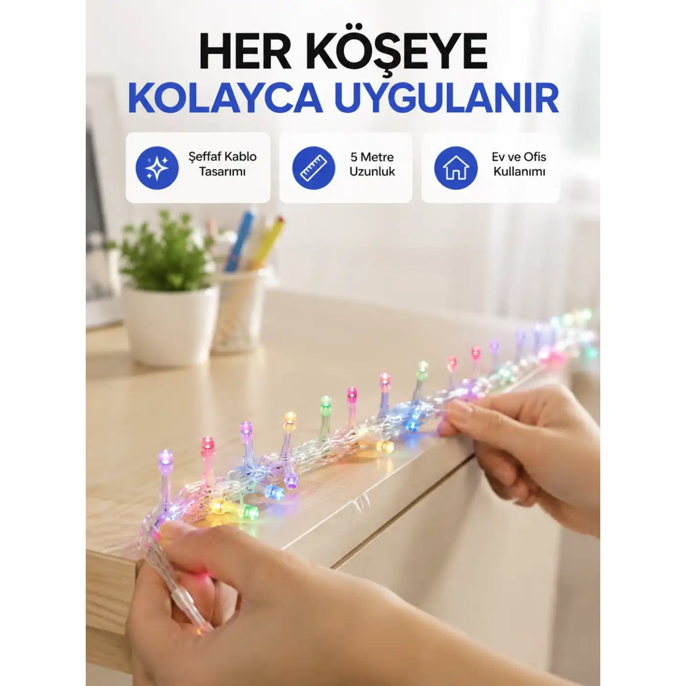 Enerji Tasarruflu Şeffaf Kablo 5 m 50 LED Dekor Işık