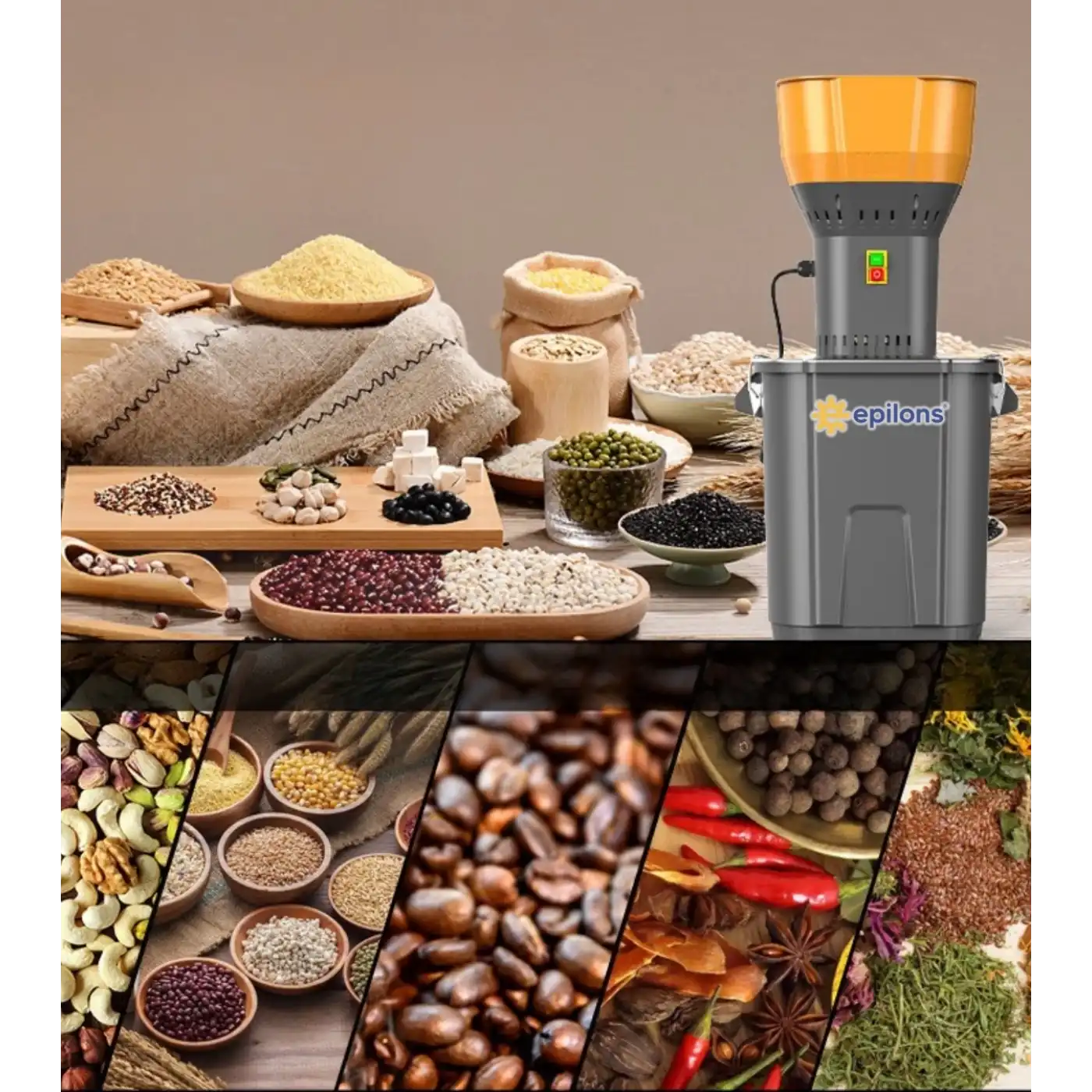 Epilons Pro 1300W Elektrikli Tahıl ve Baharat Öğütücü – 0,6-8 mm Ayarlanabilir Granül, Paslanmaz Çelik