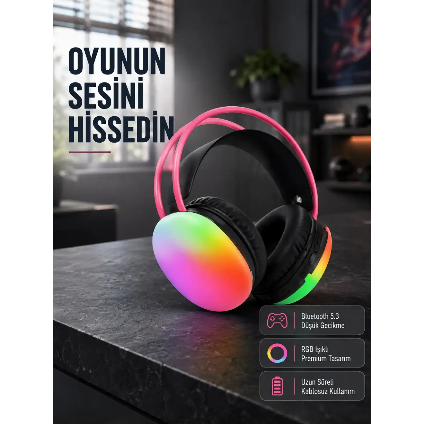 Ergonomik RGB Bluetooth Kulaklık 3D Ses Yeni Nesil
