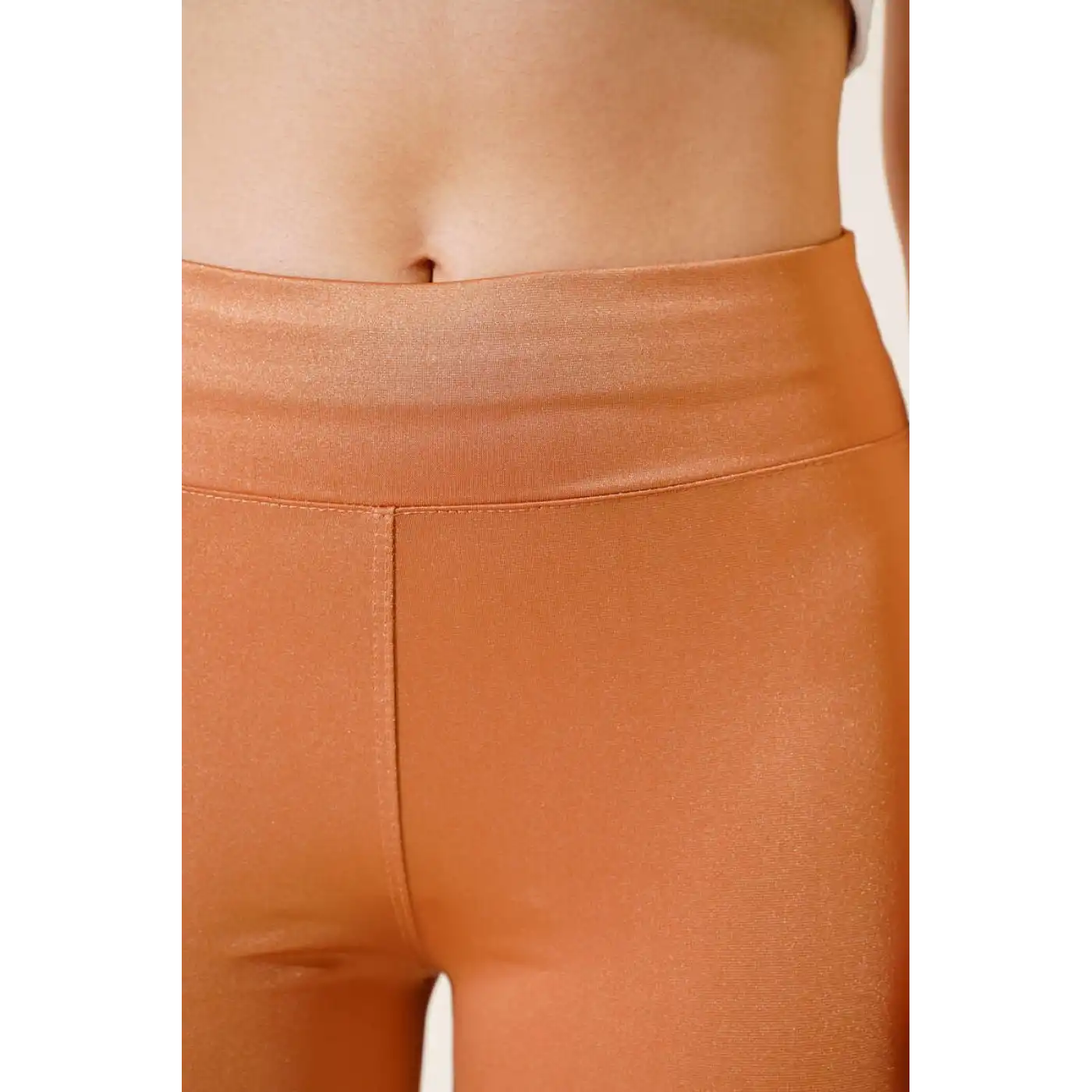 Esnek Yüksek Bel Taba Uzun Parlak Disco Tayt