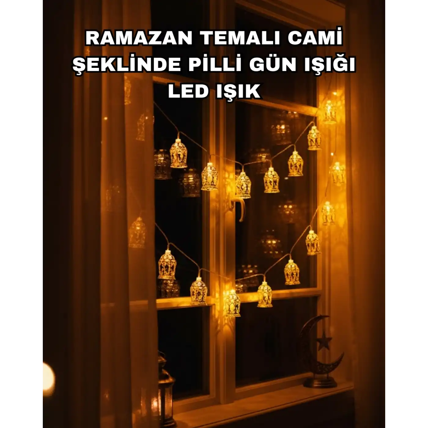 Ev Dekoru İçin Ramazan LED Işık Pilli Sıcak Sarı Cami Figürlü