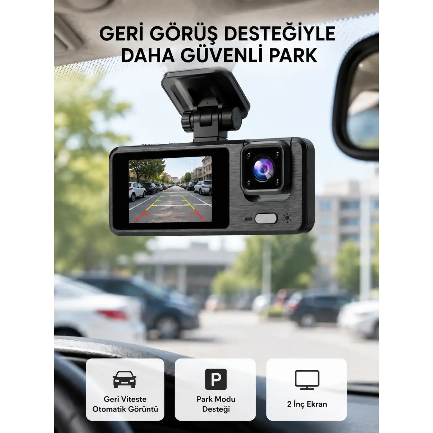 Full HD 3lü Araç Kamerası Geri Görüş Destekli Park Modlu 1080P DVR