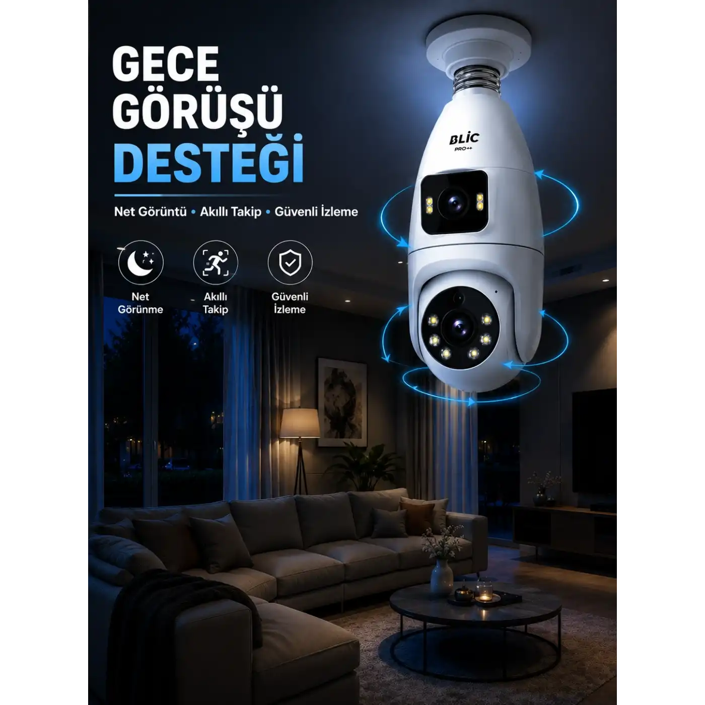 Gece Görüşlü Çift Lens Wi-Fi Ampul Kamera Mobil Takip Destekli