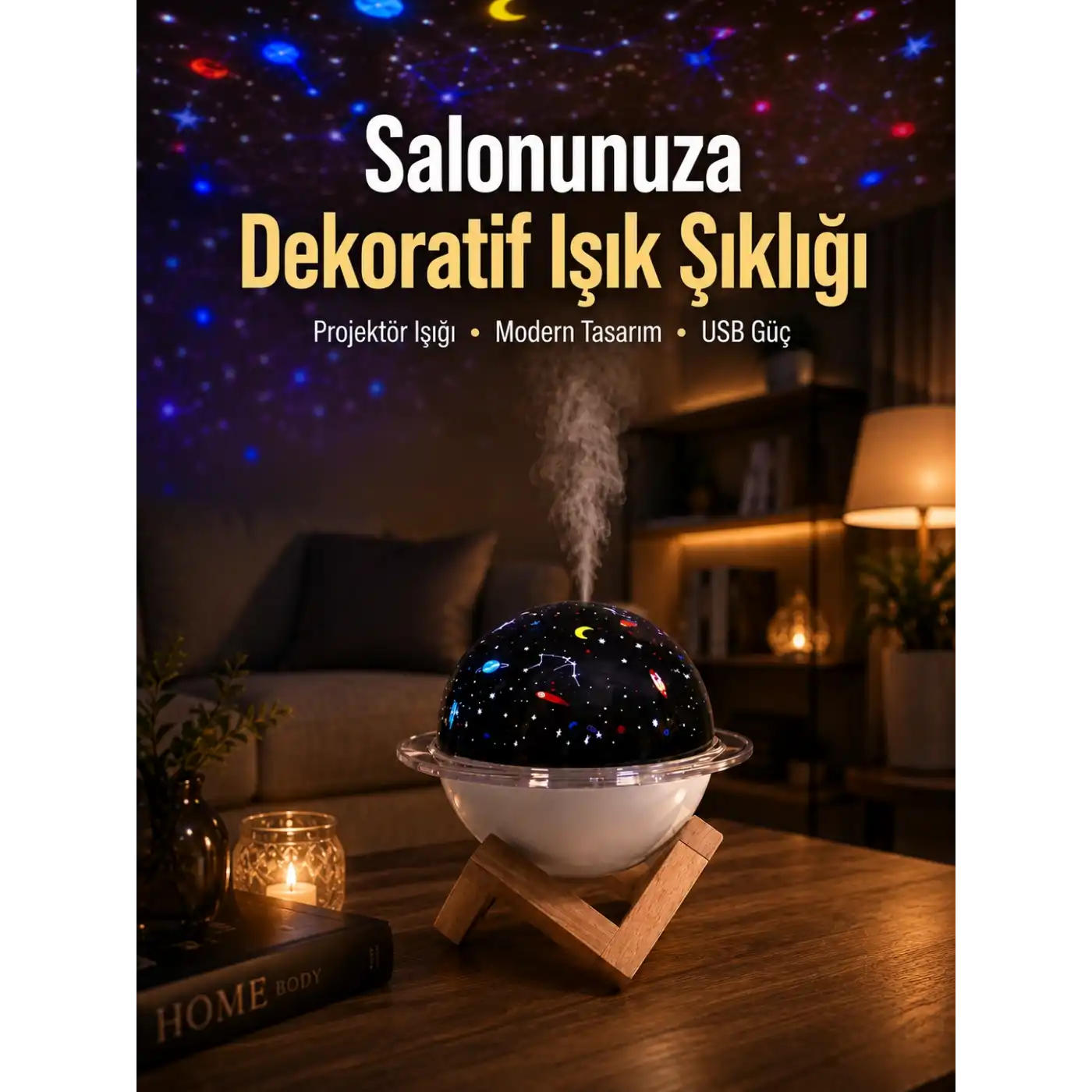 Gece lambası özellikli taşınabilir nemlendirici ve aromaterapi cihazı USB girişli