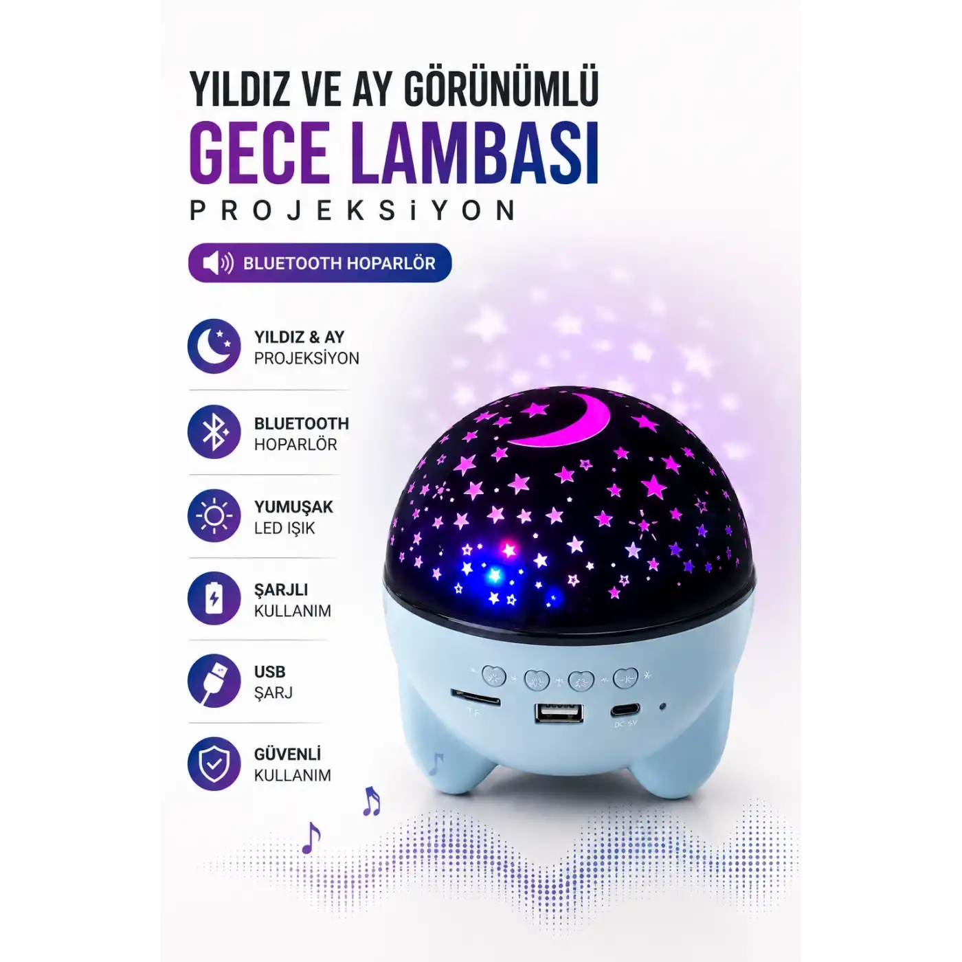 Gökyüzü Temalı Bluetooth Ve Hoparlörlü Şarjlı Çocuk Gece Lambası