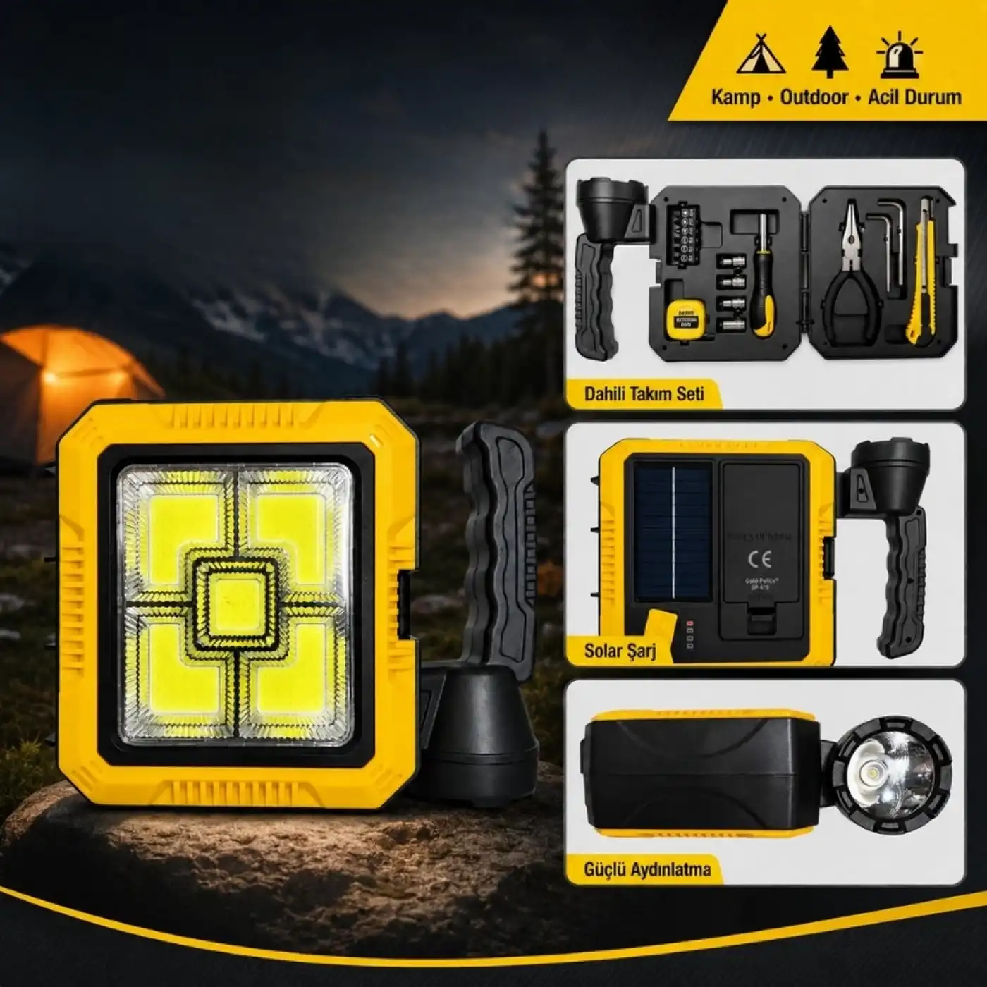Gold  Gp-615 Güneş Enerjili Şarjlı Led Kamp Lambası Takım Seti