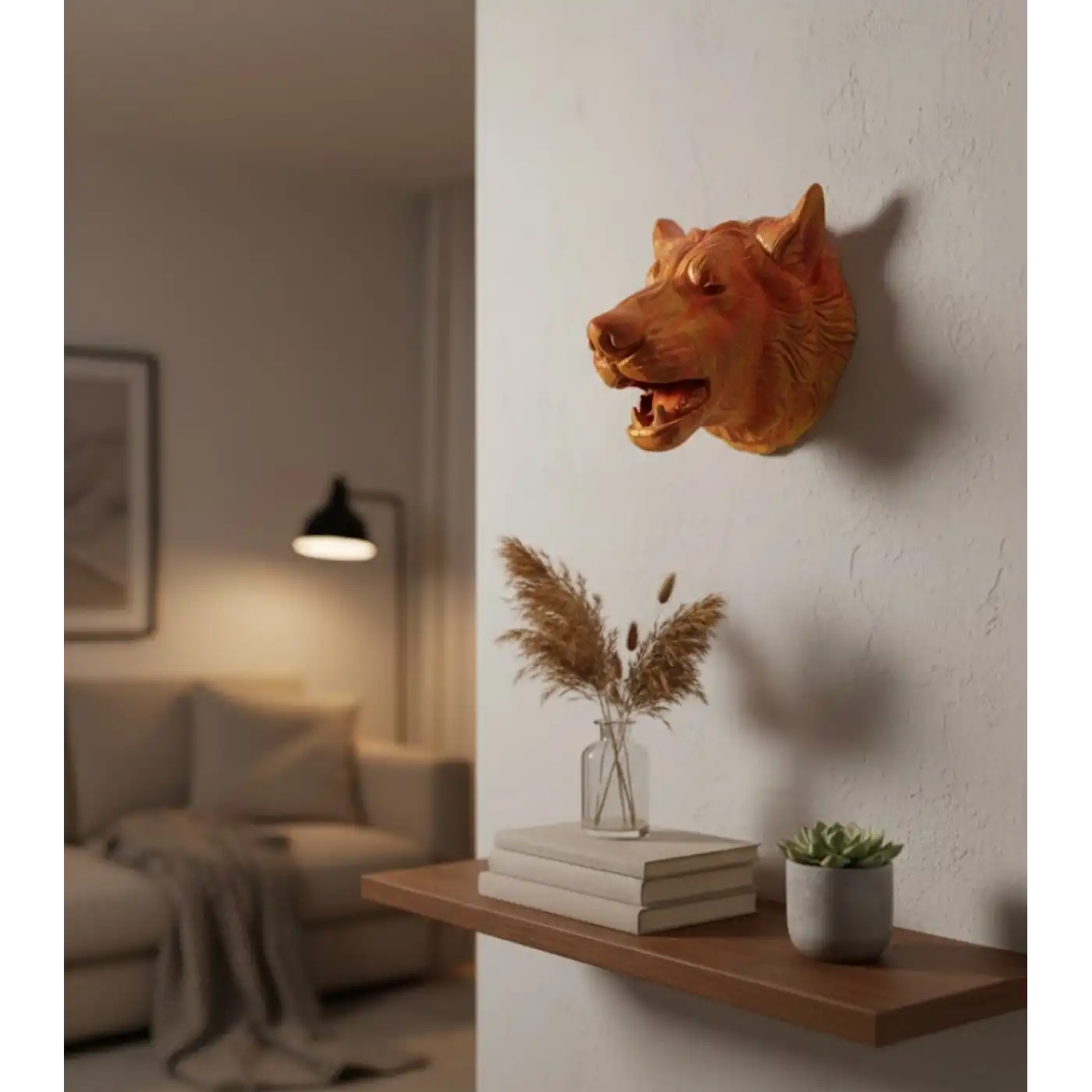 Gold Renk 3D Kurt Başı Duvar Dekoru