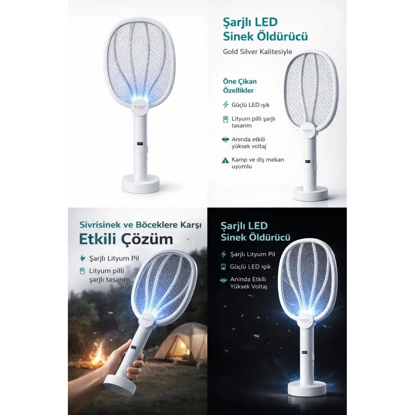 Gs-3602 Şarjlı Led Sivrisinek Öldürücü Raket Standlı Çift Kullanımlı Lityum Pilli