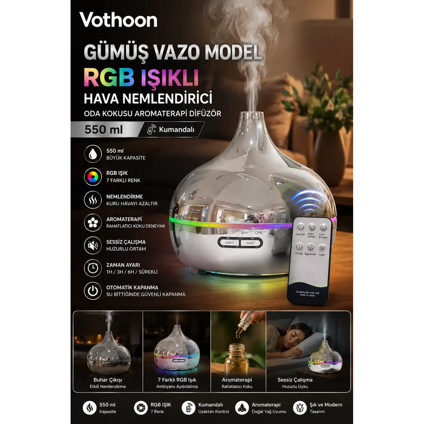 Gümüş Vazo Model Rgb Işıklı Hava Nemlendirici & Aromaterapi Difüzör – 550 Ml Kumandalı