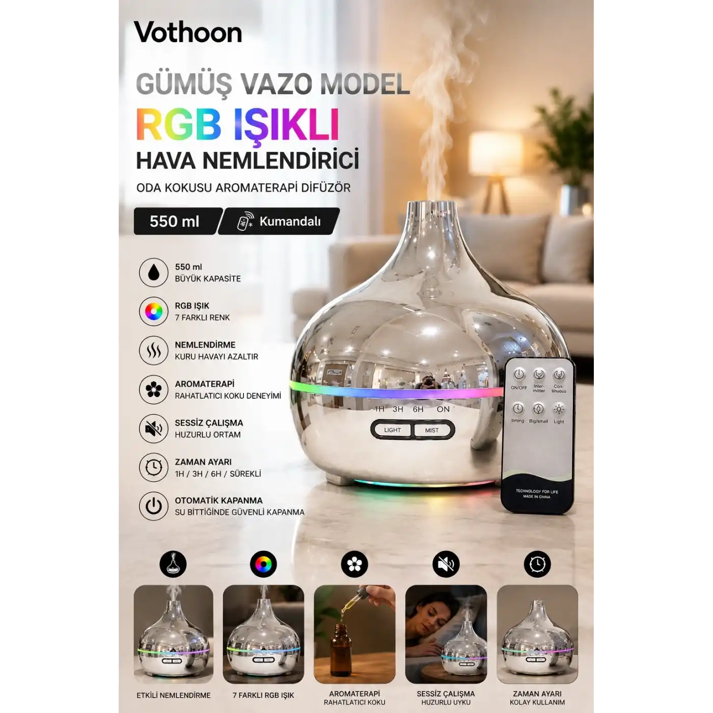 Gümüş Vazo Model Rgb Işıklı Hava Nemlendirici & Aromaterapi Difüzör – 550 Ml Kumandalı