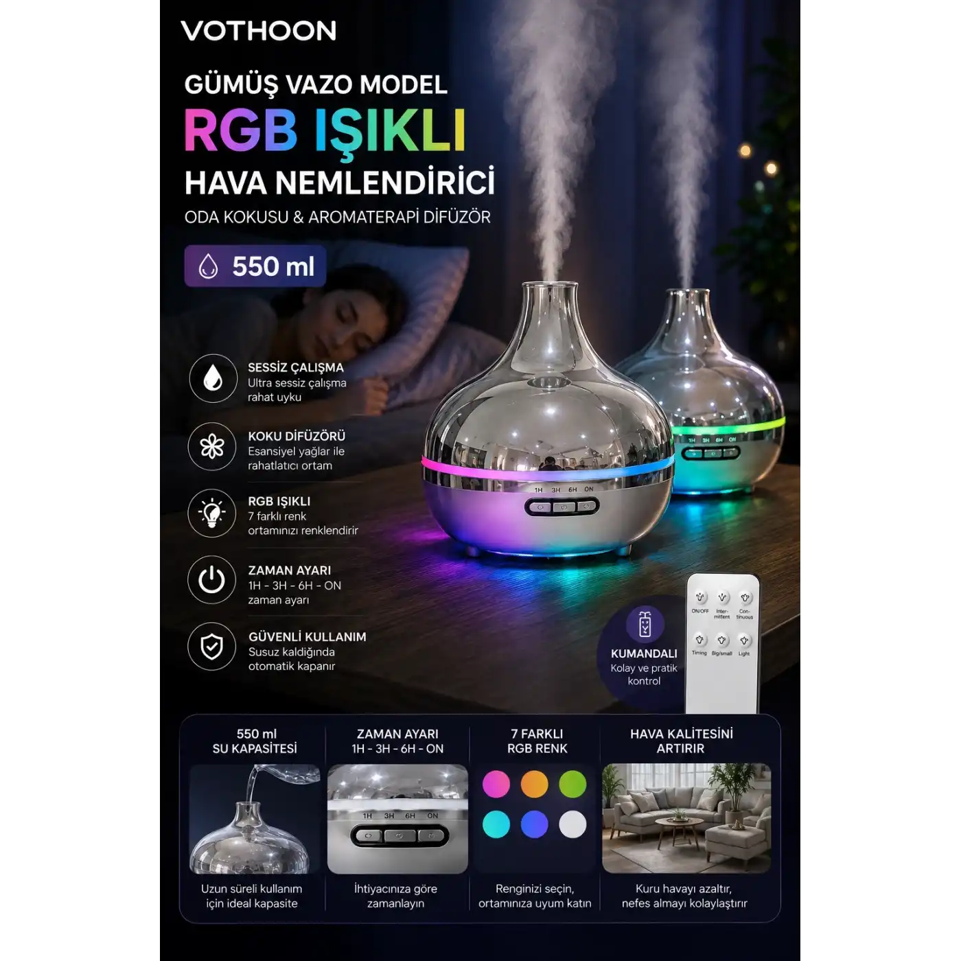 Gümüş Vazo Model Rgb Işıklı Hava Nemlendirici & Aromaterapi Difüzör – 550 Ml Kumandalı