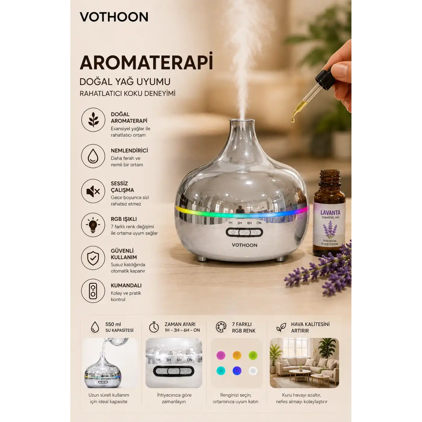 Gümüş Vazo Model Rgb Işıklı Hava Nemlendirici & Aromaterapi Difüzör – 550 Ml Kumandalı