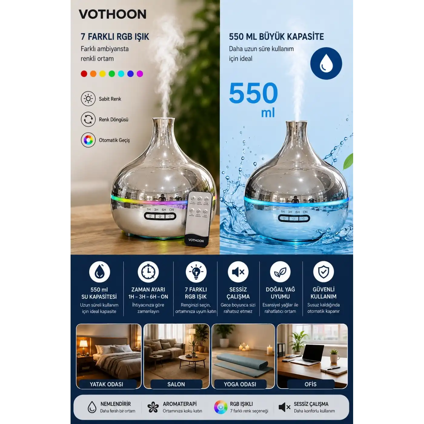 Gümüş Vazo Model Rgb Işıklı Hava Nemlendirici & Aromaterapi Difüzör – 550 Ml Kumandalı