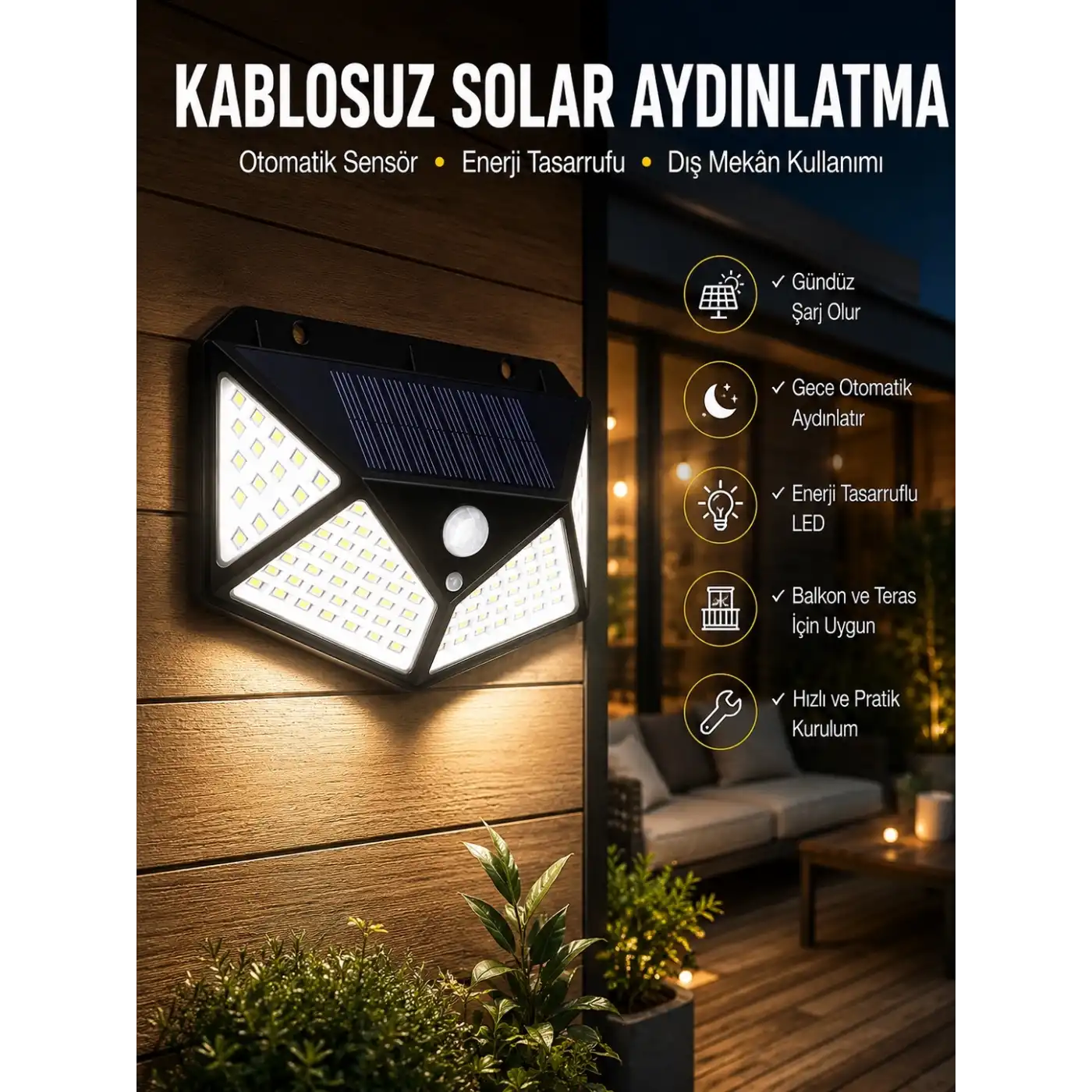 Güneş Enerjili Bahçe Aydınlatma Lambası Solar 100 Led Lamba