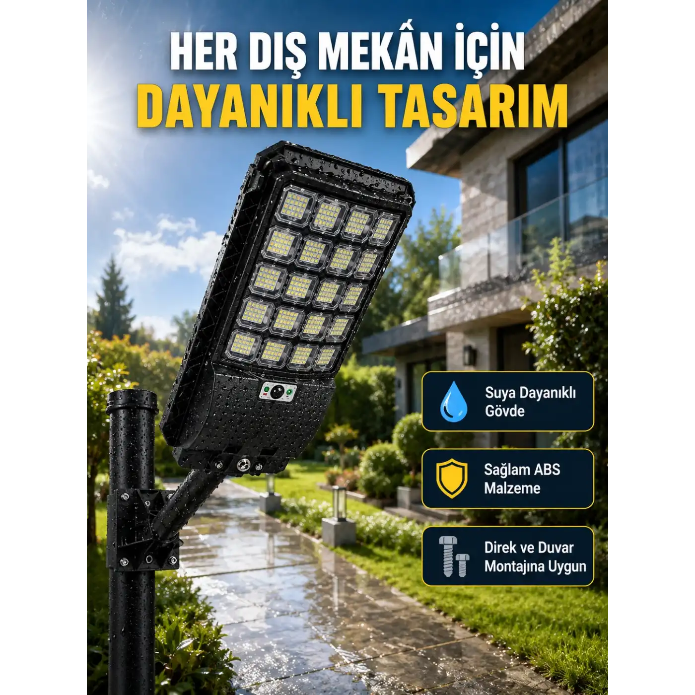 Güneş Enerjili Dış Mekan LED Lambası Geniş Aydınlatma Açılı Akıllı Sokak Lambası