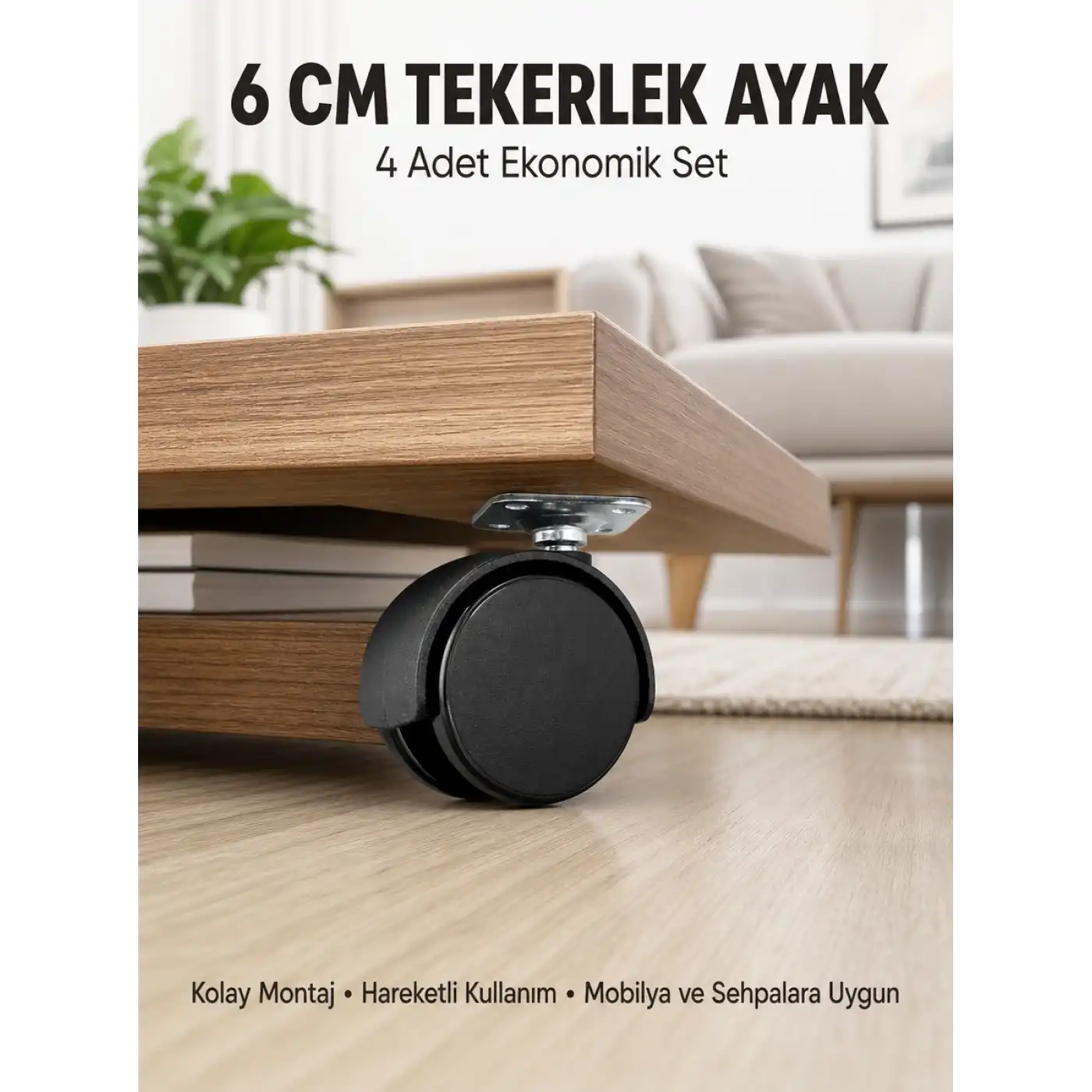 Halı ve Beton Uyumlu Kilitsiz Mobilya Tekerleği 4’lü