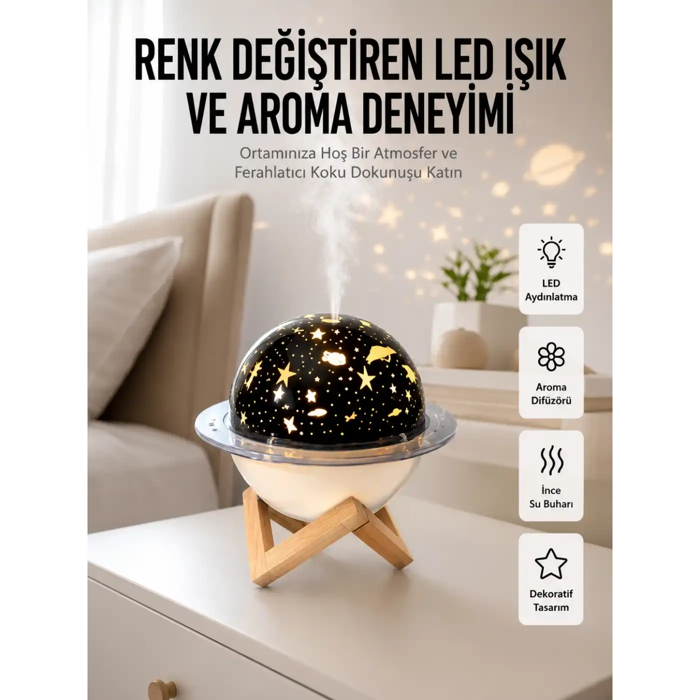 Hava Nemlendirici Led Işıklı Gece Lambası Yıldız Görünümlü Renk Değiştiren