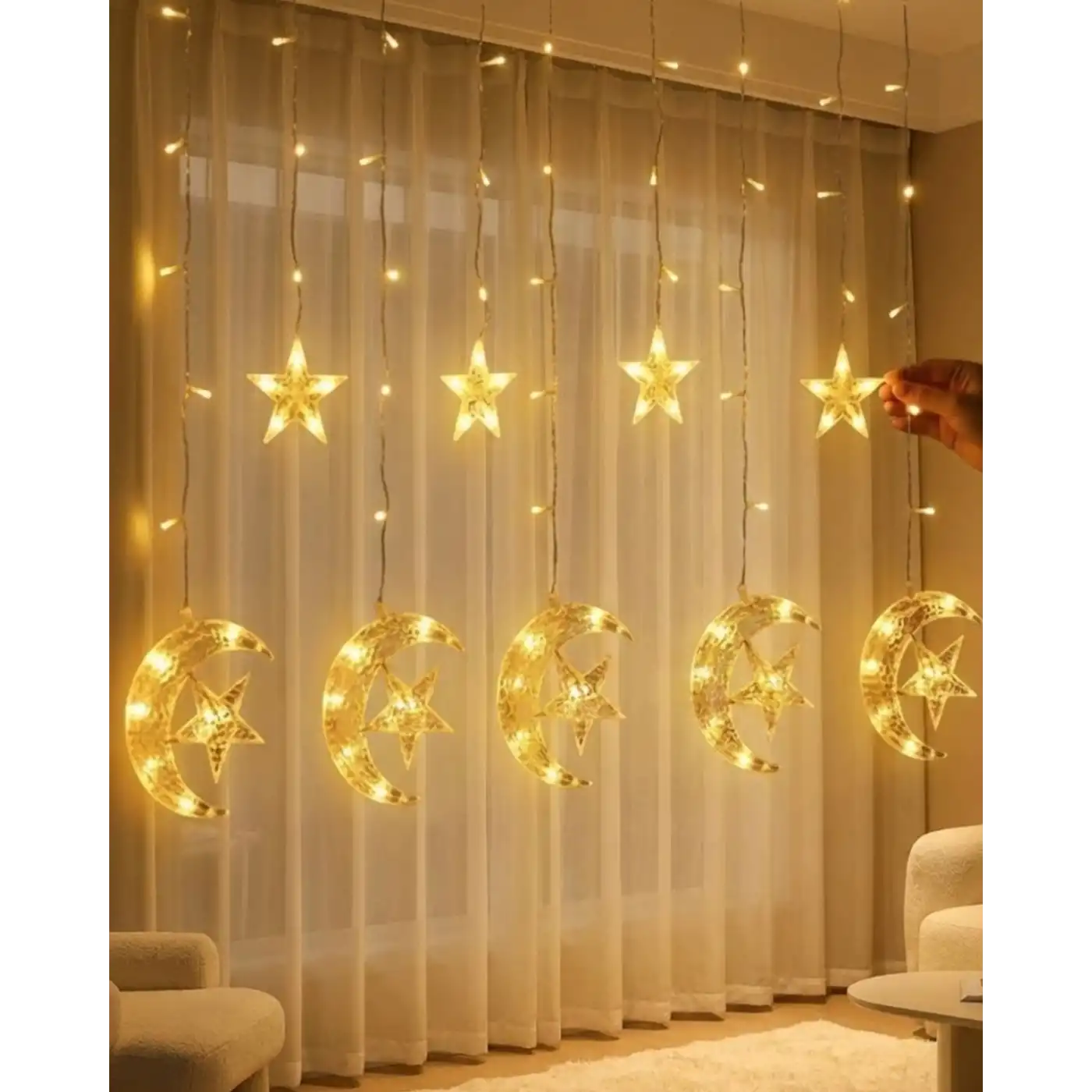 Hilal Yıldız Perde LED Işık 2 Modlu Sıcak Beyaz Dekoratif Aydınlatma