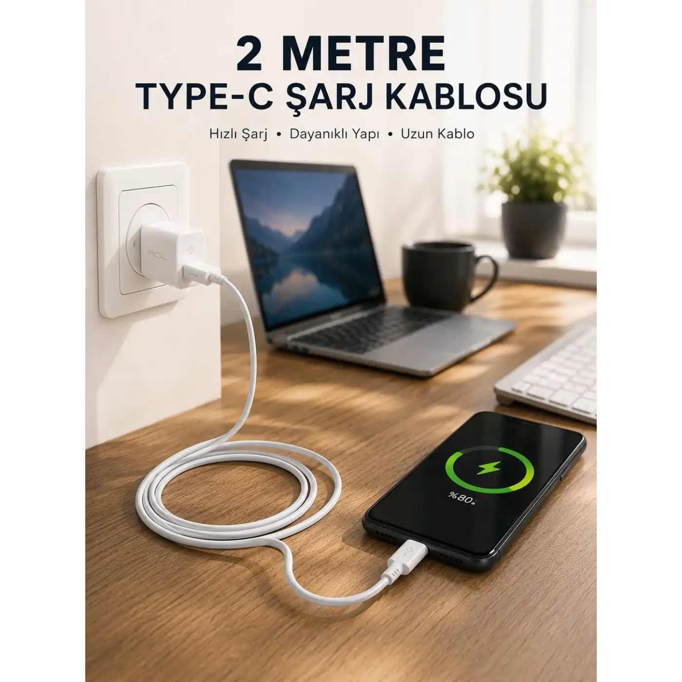 Hızlı Şarj Destekli 2 Metre Type-C Kablo