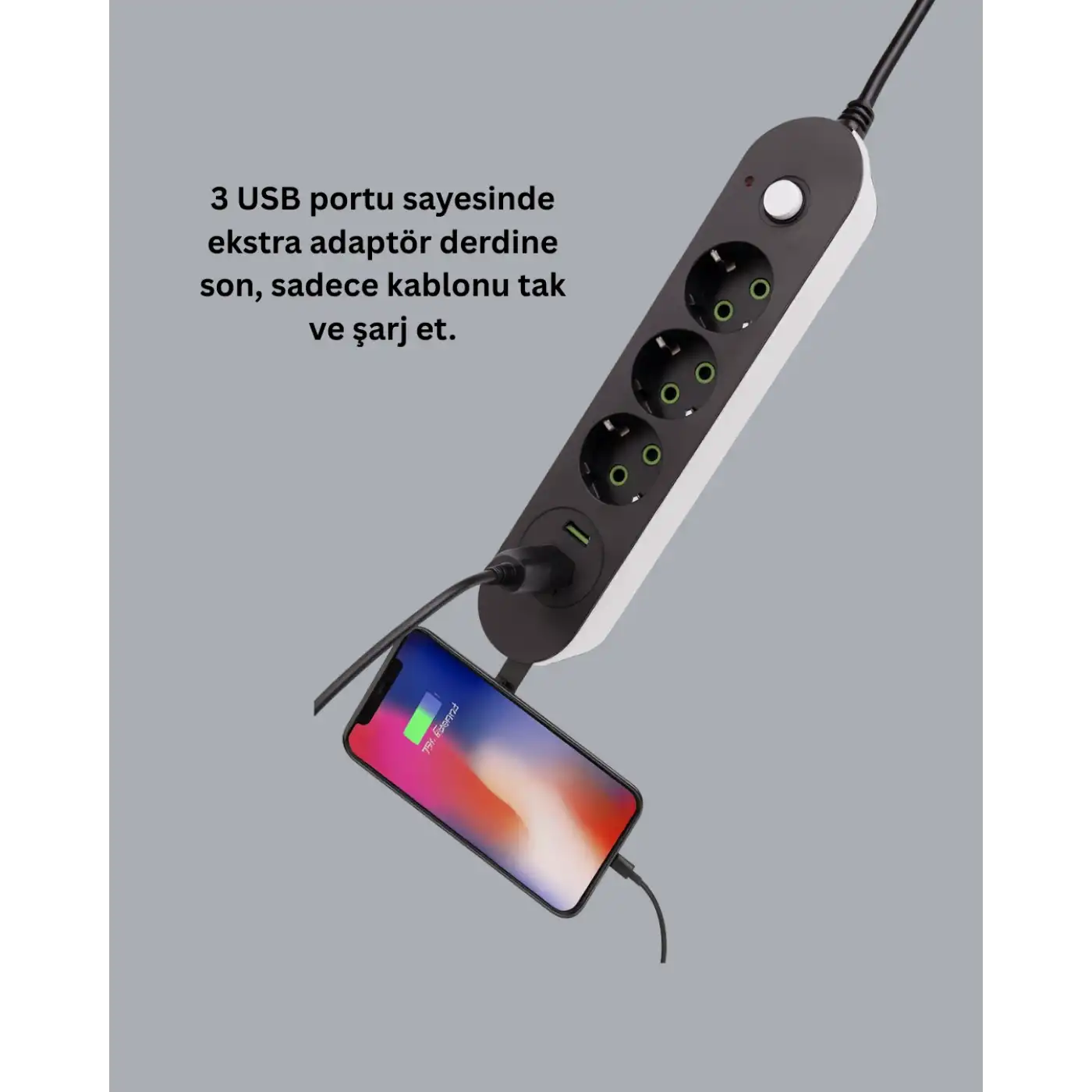 Hızlı Şarj Özellikli 3 USB Girişli Üçlü Priz