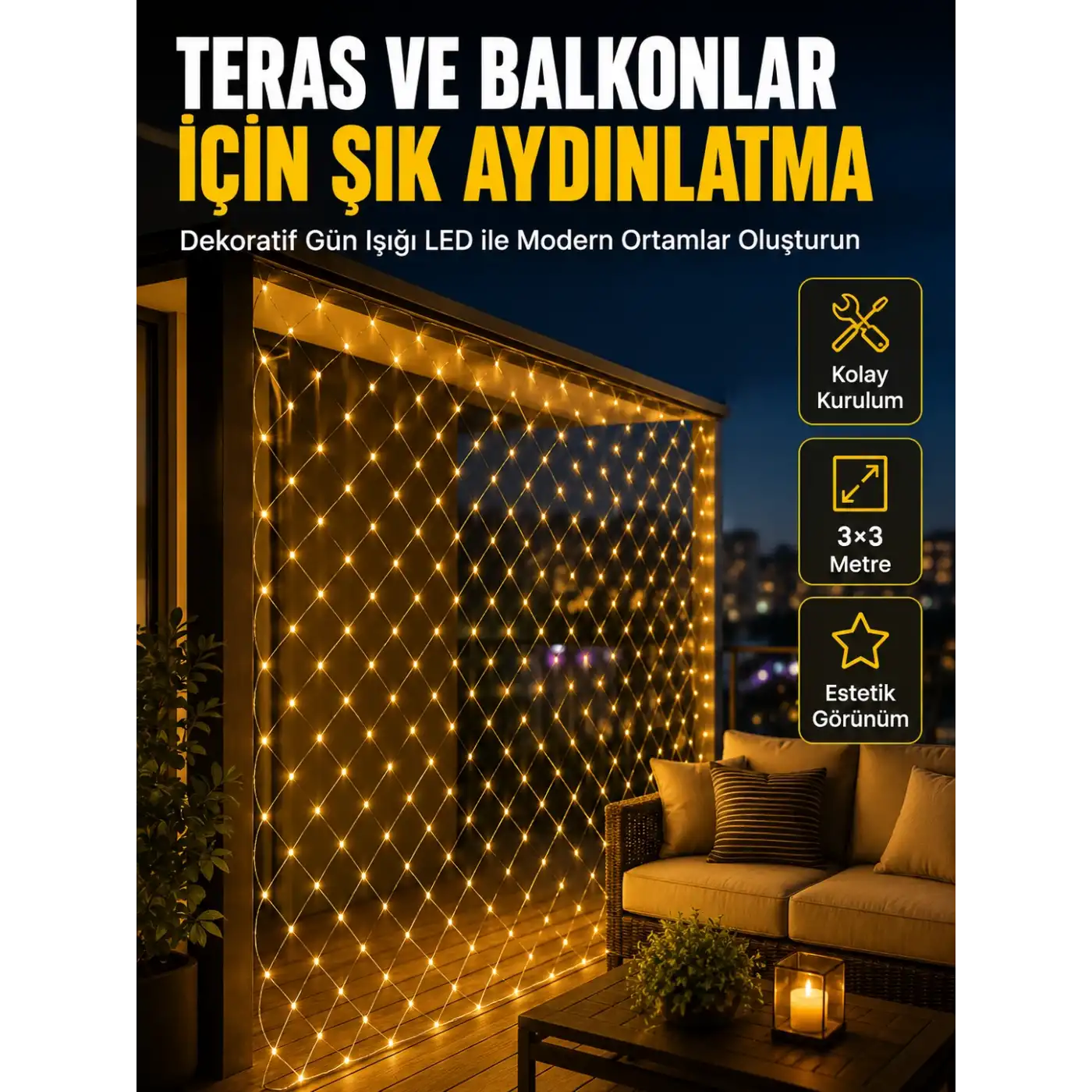 İç ve Dış Mekân Kullanımına Uygun 3x3 Metre LED Işık Ağı