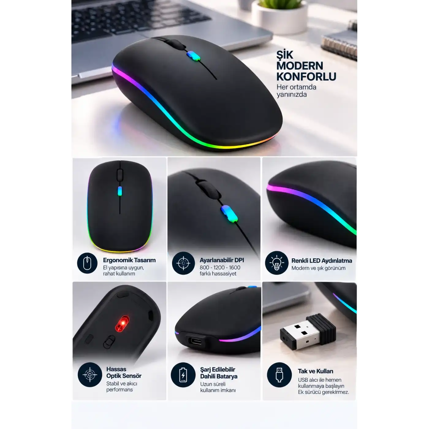 İnce Ergonomik Tasarım 2.4G Kablosuz LED Mouse